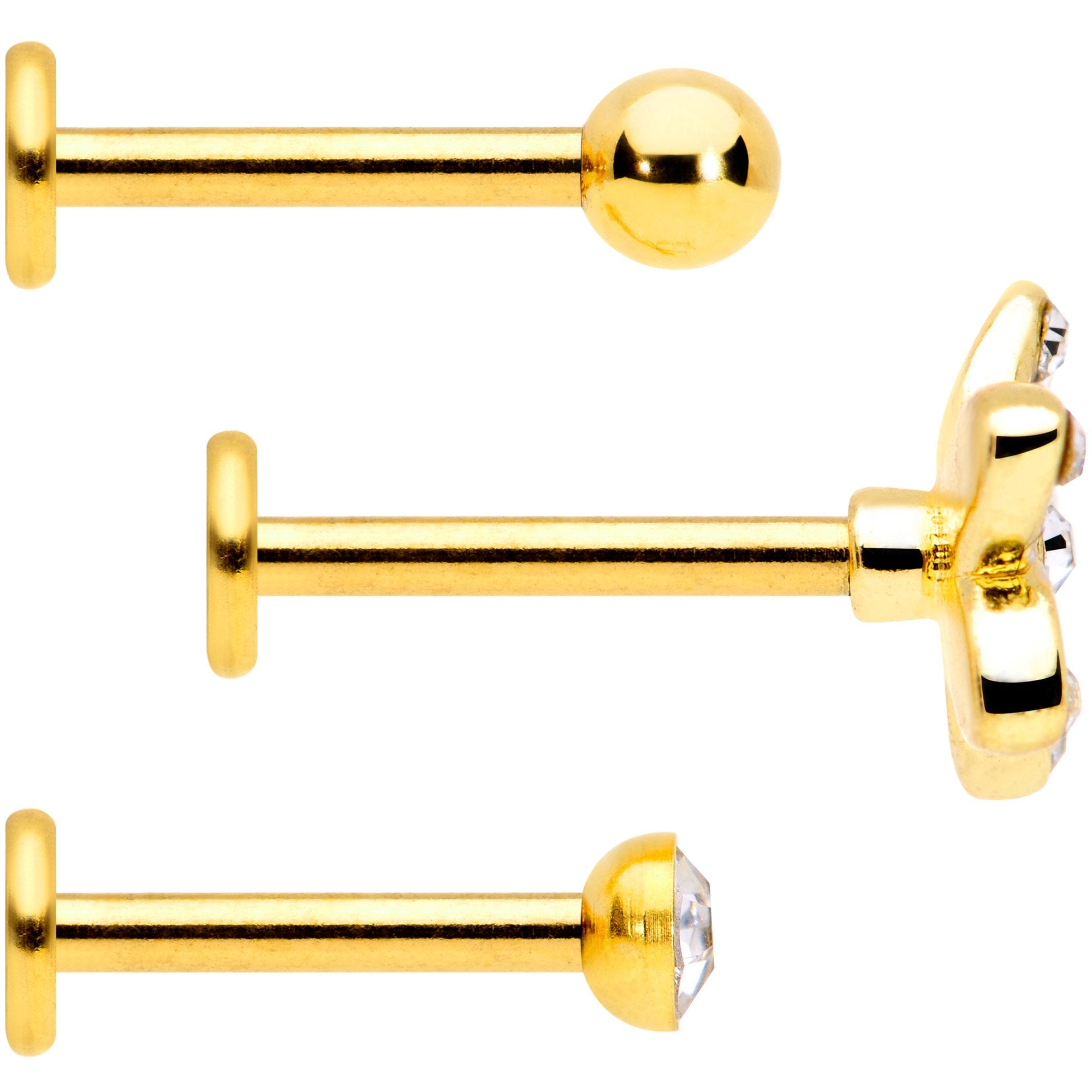 BodyCandy 16G 5/16 Clear Gem Gold Tone Black Flower Labret Set of 3 — detail and construction
