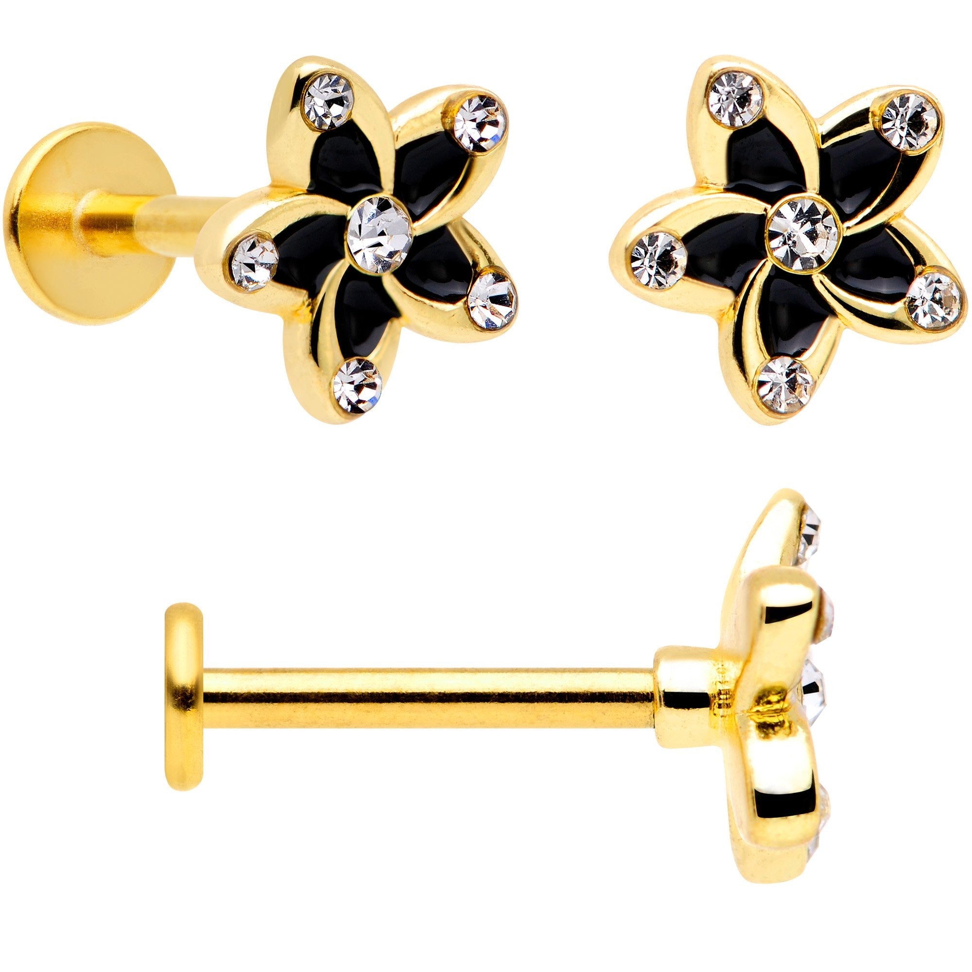 BodyCandy 16G 5/16 Clear Gem Gold Tone Black Flower Labret Set of 3 — lifestyle context