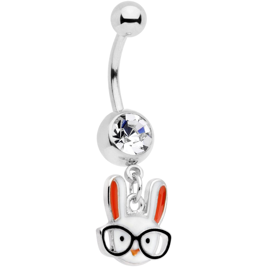 BodyCandy Clear Gem White Nerdy Easter Bunny Dangle Belly Ring — main product shot