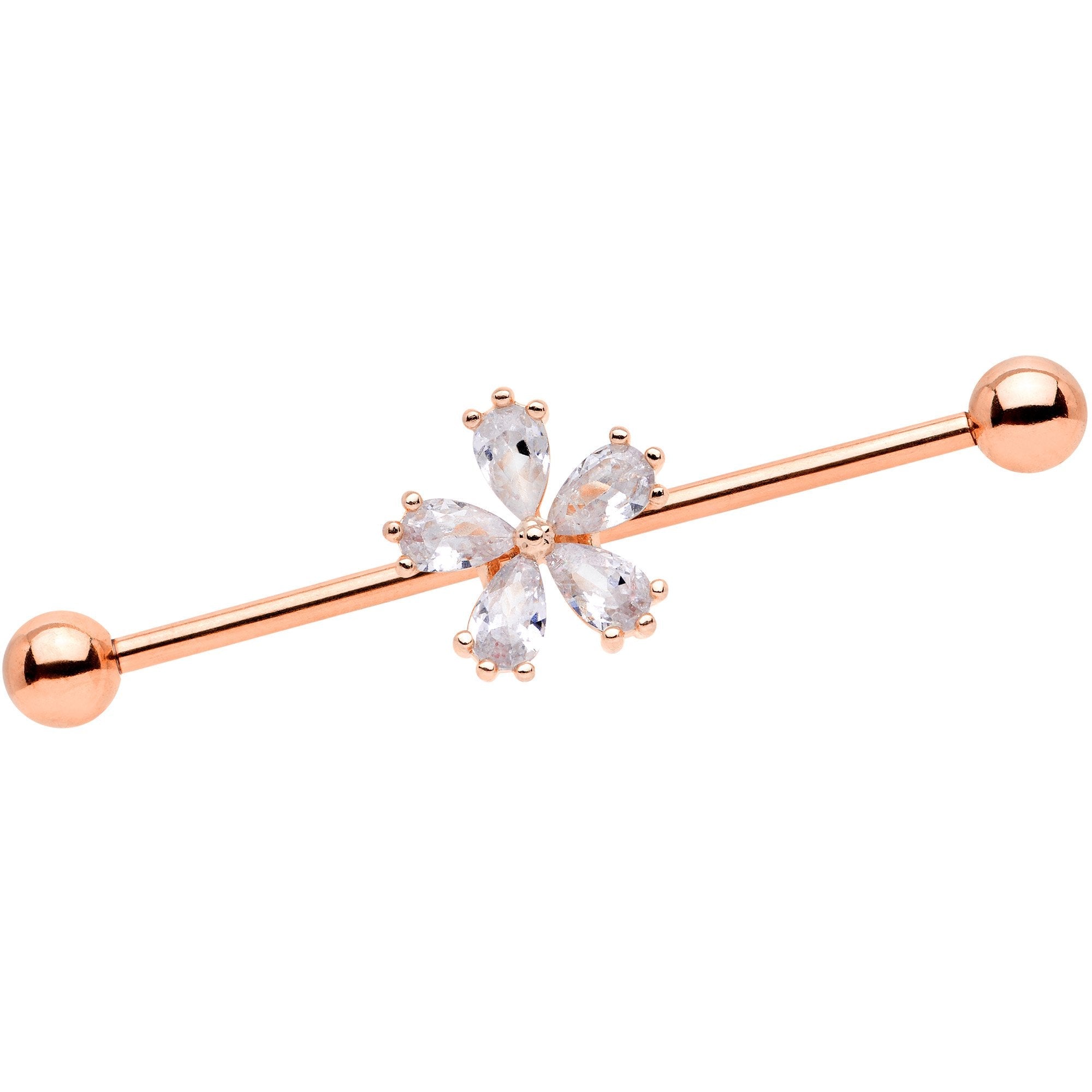 BodyCandy 14G Clear CZ Gem Rose Gold Tone Petal Industrial Barbell 38mm — main product shot