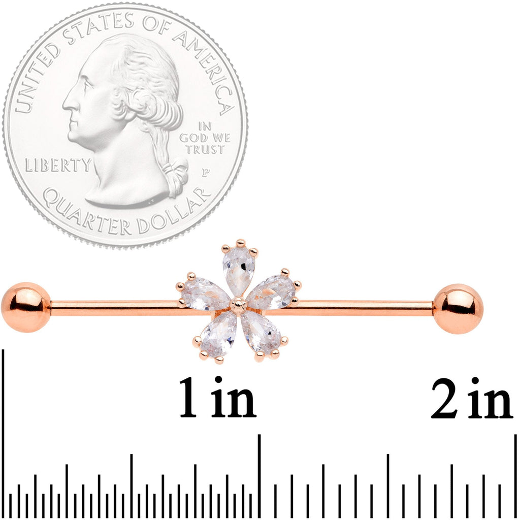 BodyCandy 14G Clear CZ Gem Rose Gold Tone Petal Industrial Barbell 38mm — detail and construction