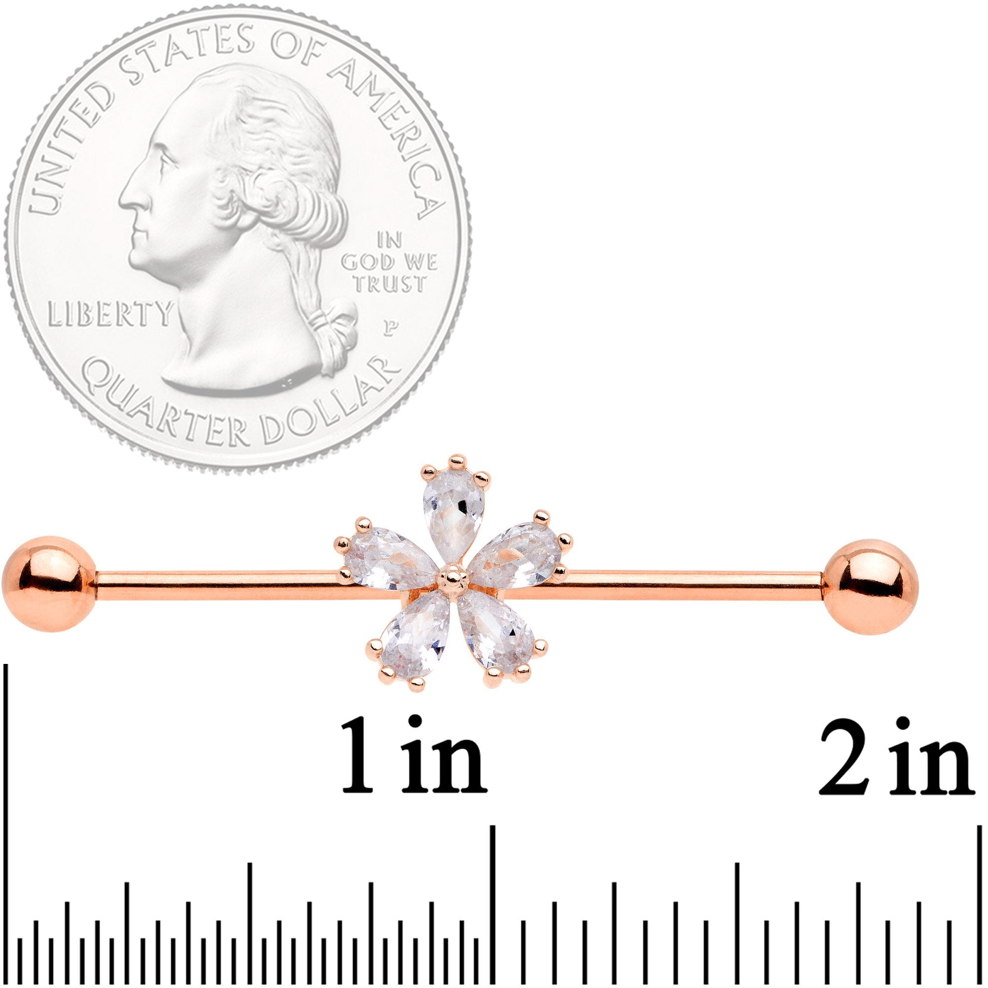 BodyCandy 14G Clear CZ Gem Rose Gold Tone Petal Industrial Barbell 38mm — detail and construction