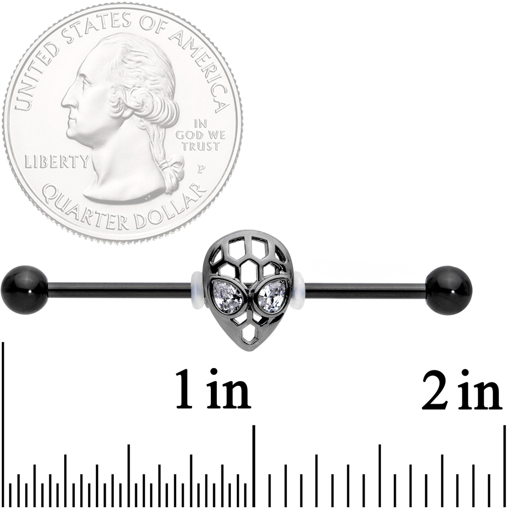 BodyCandy 14G Clear CZ Gem Black Openwork Alien Industrial Barbell 38mm — detail and construction