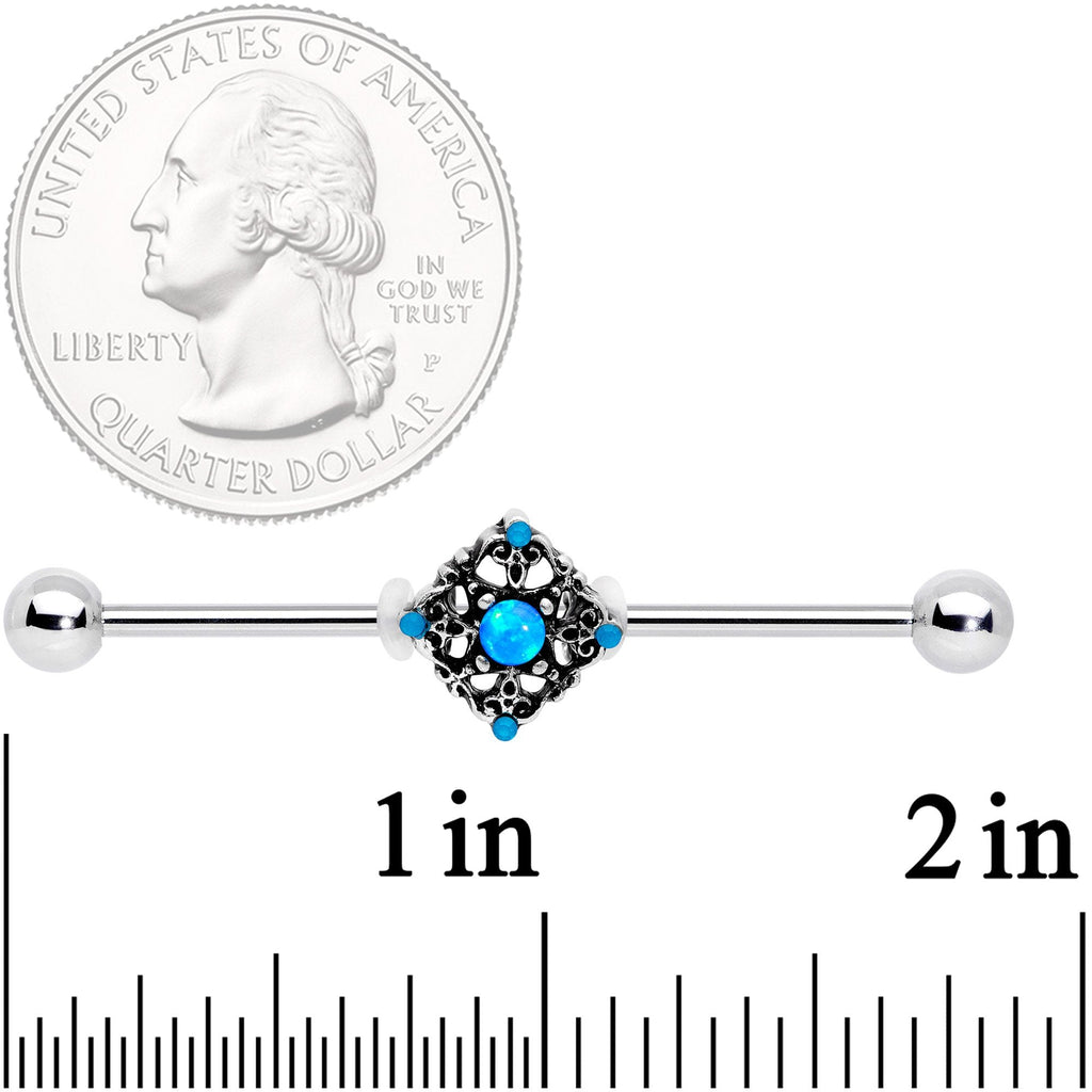 BodyCandy 14G Blue Faux Opal Rhombus Industrial Barbell 38mm — detail and construction