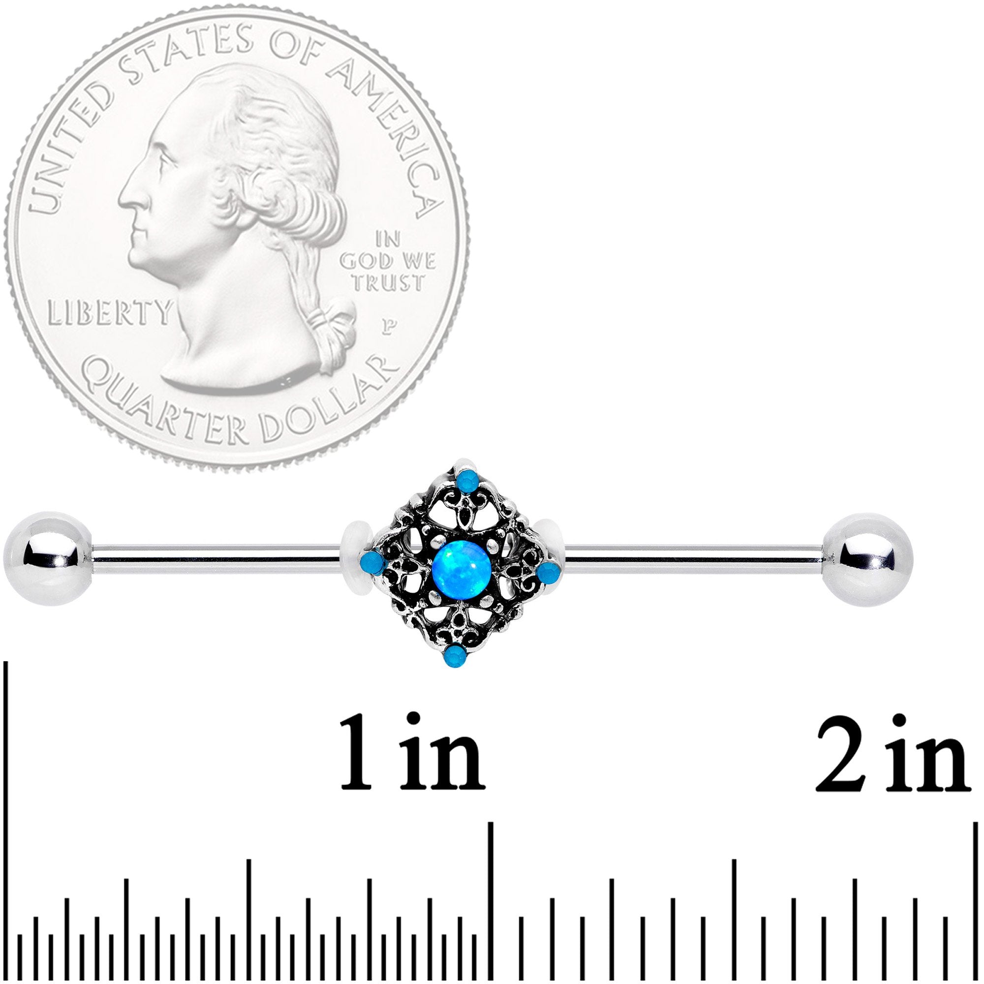 BodyCandy 14G Blue Faux Opal Rhombus Industrial Barbell 38mm — detail and construction