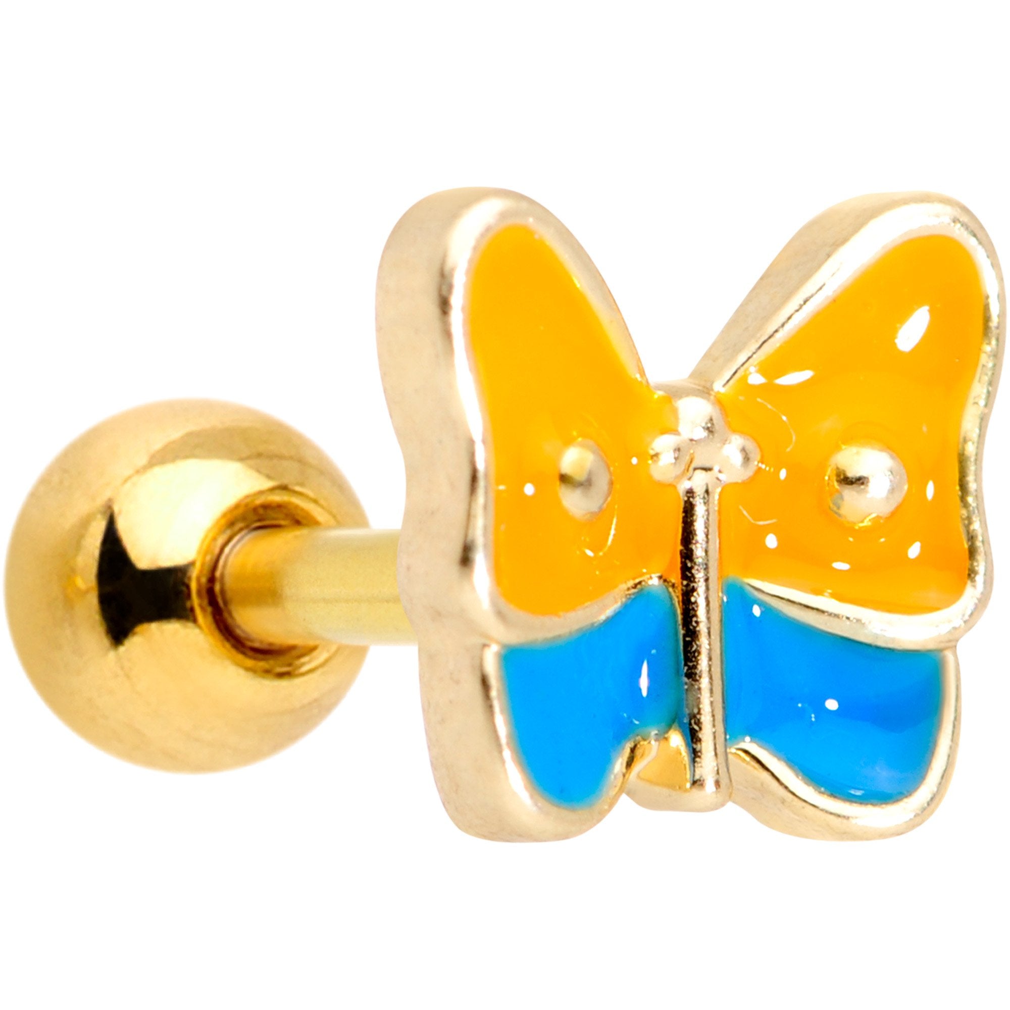BodyCandy 16G 1/4 Gold Tone Blue Orange Butterfly Cartilage Tragus Earring — main product shot