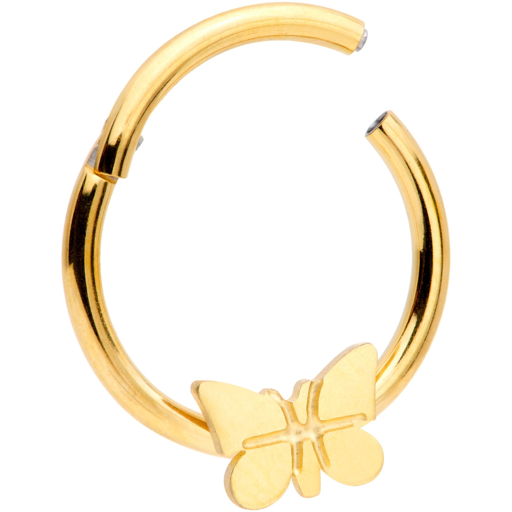 BodyCandy 16G 3/8 Gold Tone Spring Butterfly Hinged Segment Ring — detail and construction