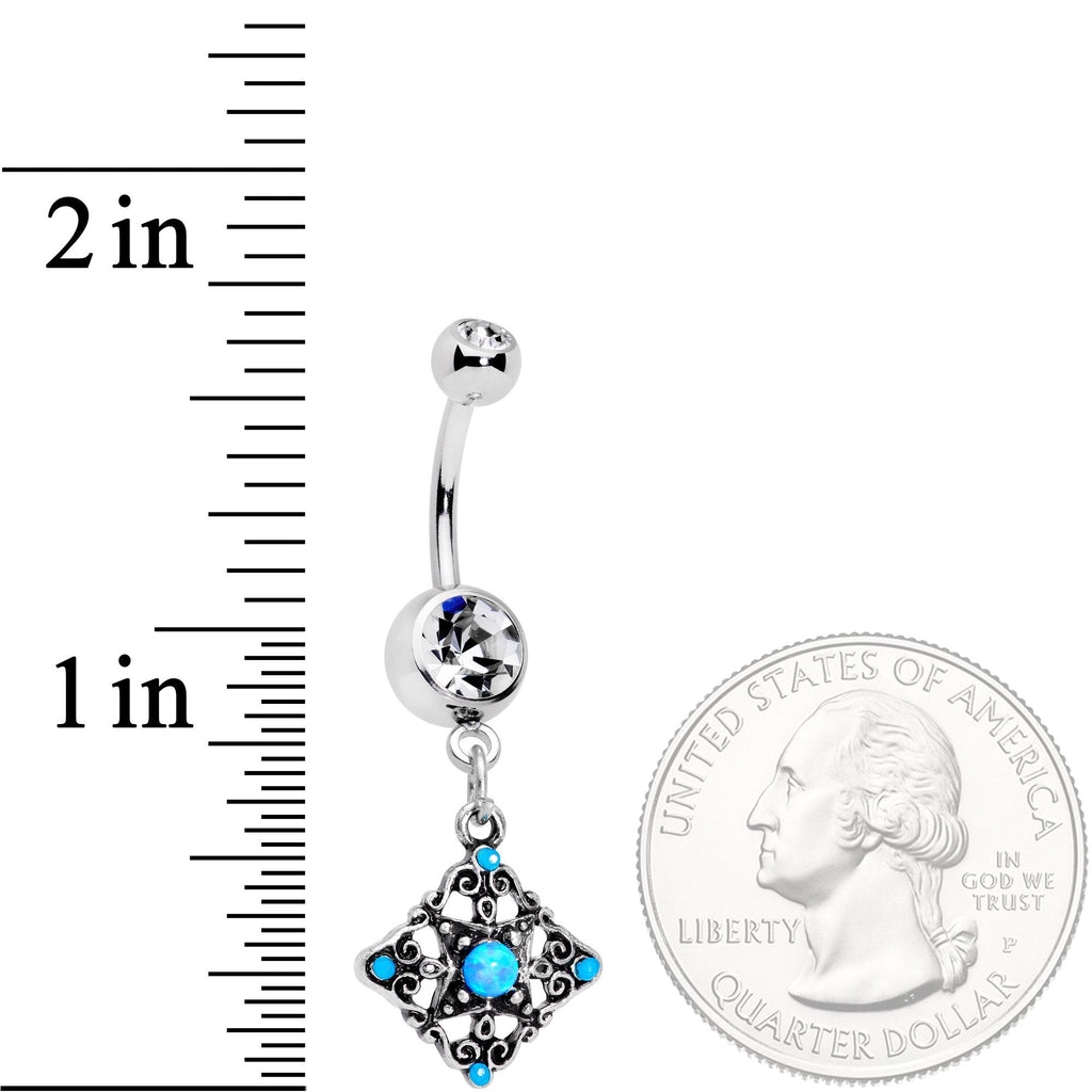 BodyCandy Blue Synthetic Opal Scrolling Rhombus Dangle Belly Ring — detail and construction