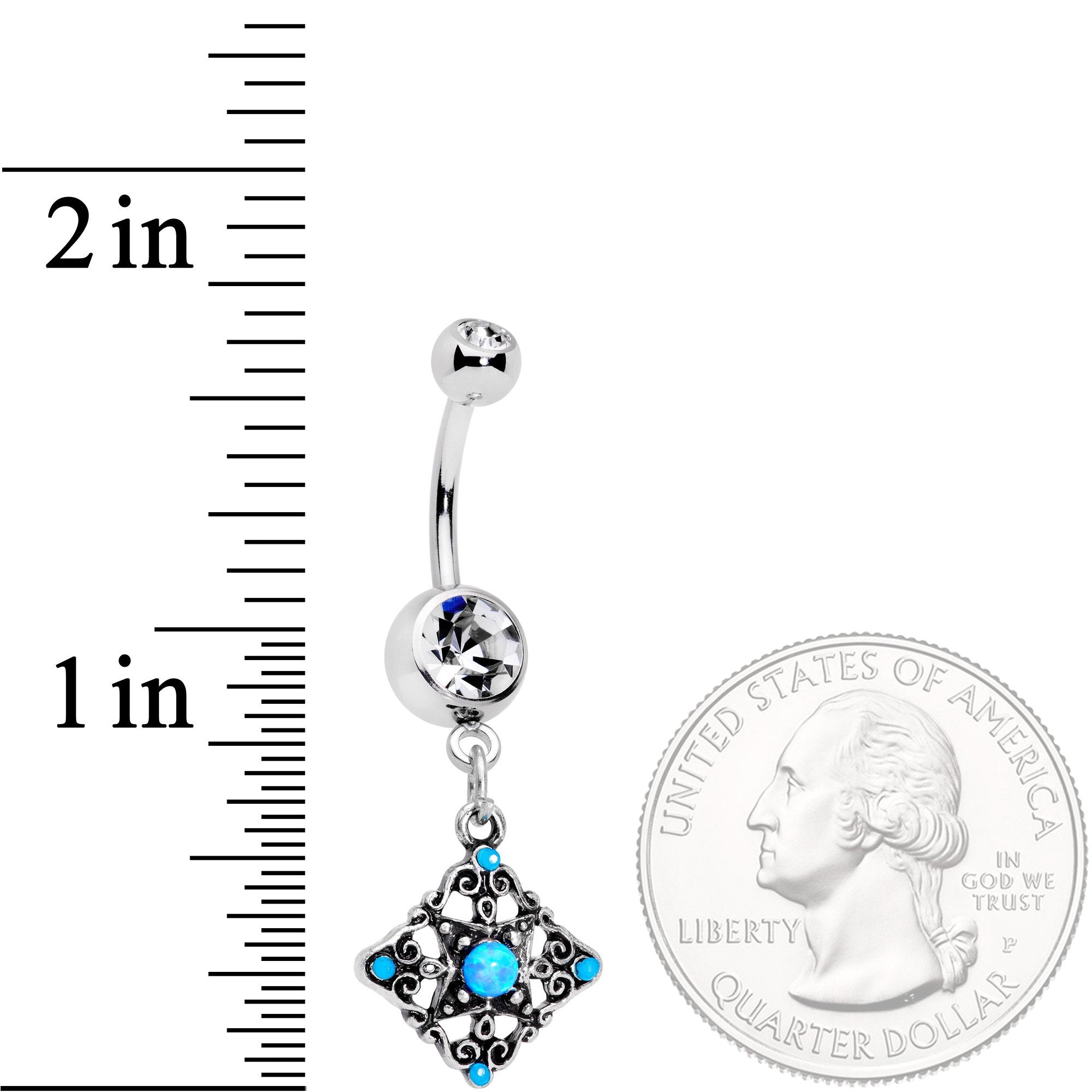 BodyCandy Blue Synthetic Opal Scrolling Rhombus Dangle Belly Ring — detail and construction