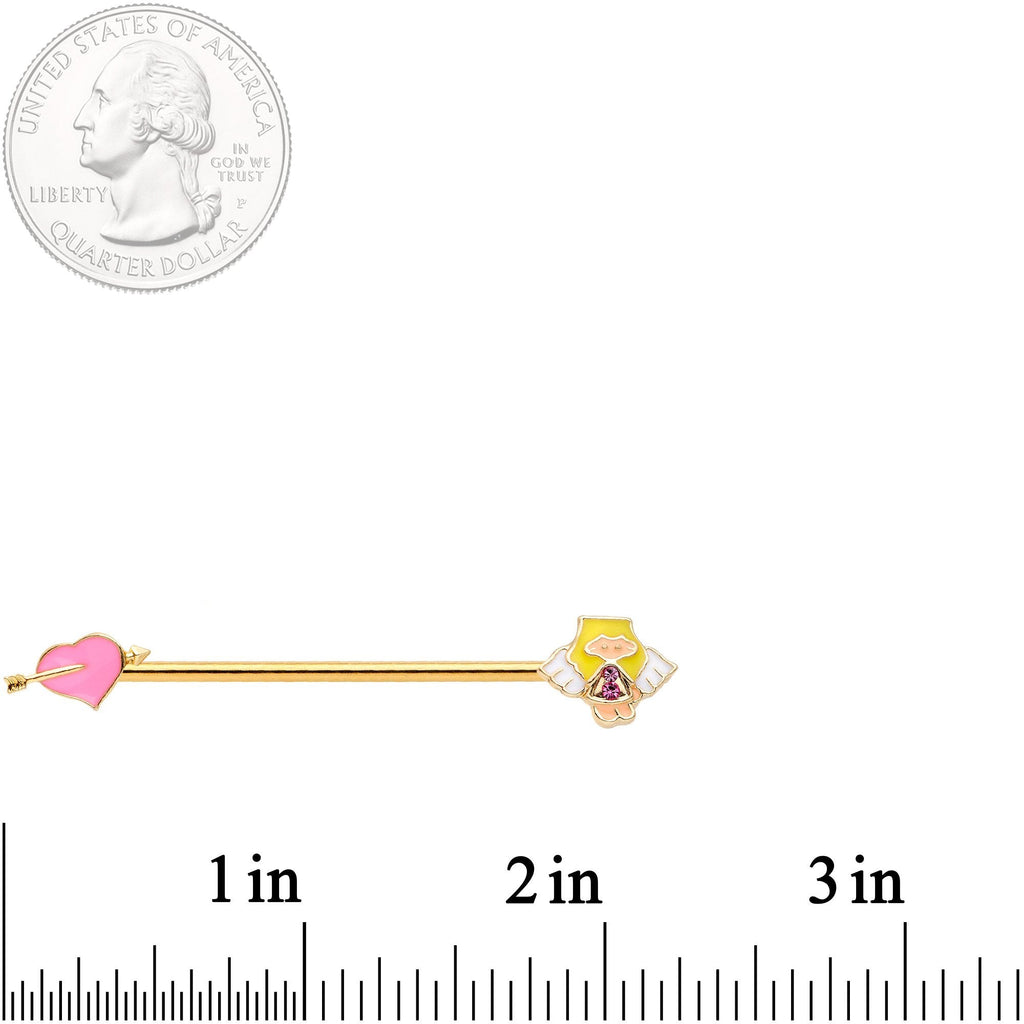 BodyCandy 14G Pink Gem Gold Tone Cupid Industrial Barbell 38mm — detail and construction