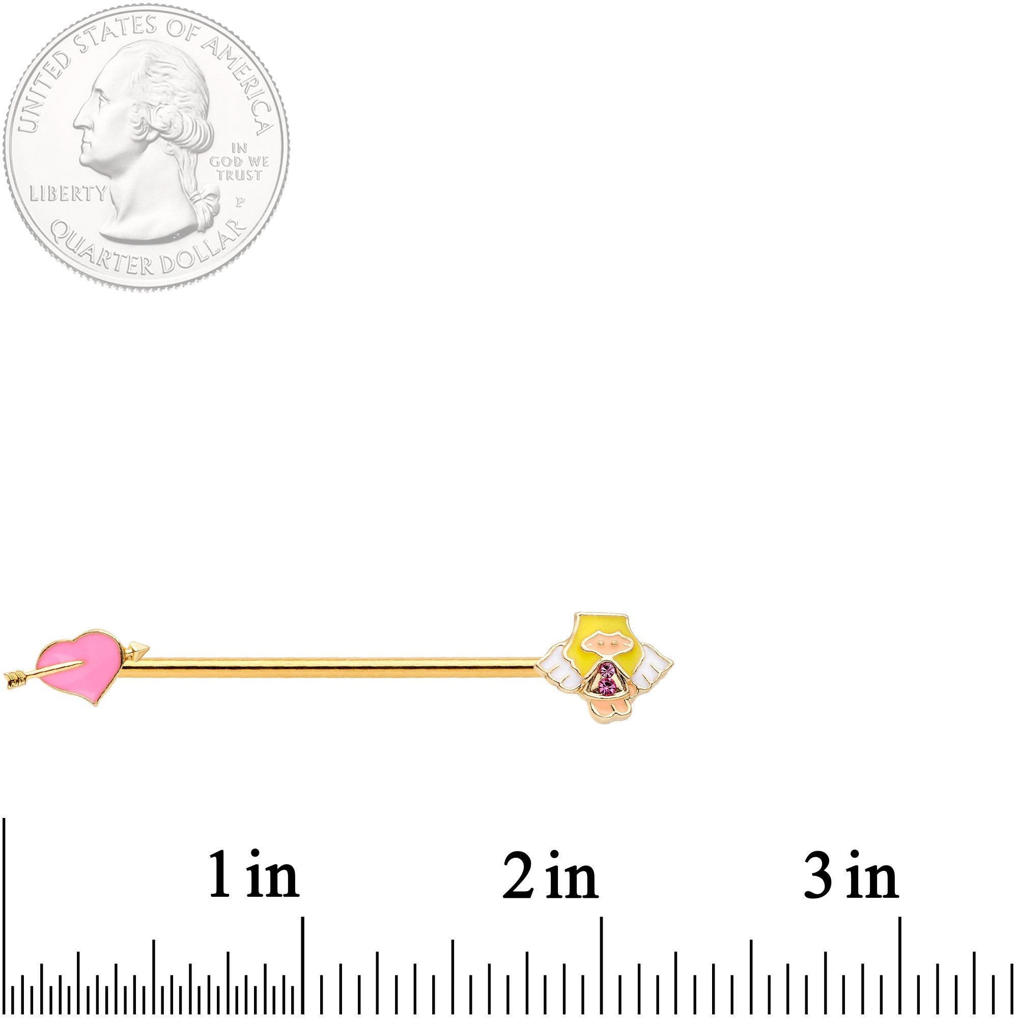 BodyCandy 14G Pink Gem Gold Tone Cupid Industrial Barbell 38mm — detail and construction