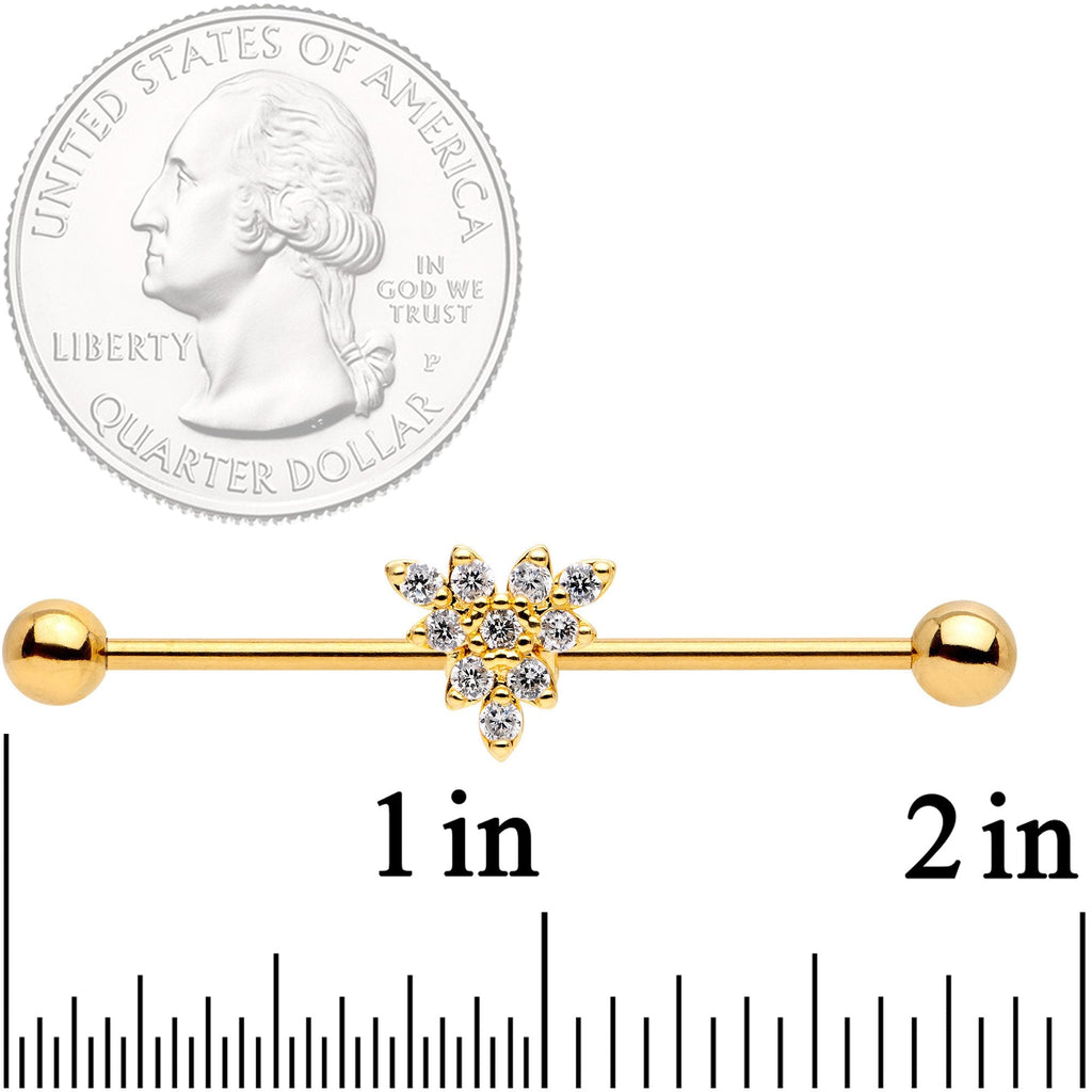 BodyCandy 14G Clear CZ Gold Tone Triangle Industrial Barbell 38mm — detail and construction