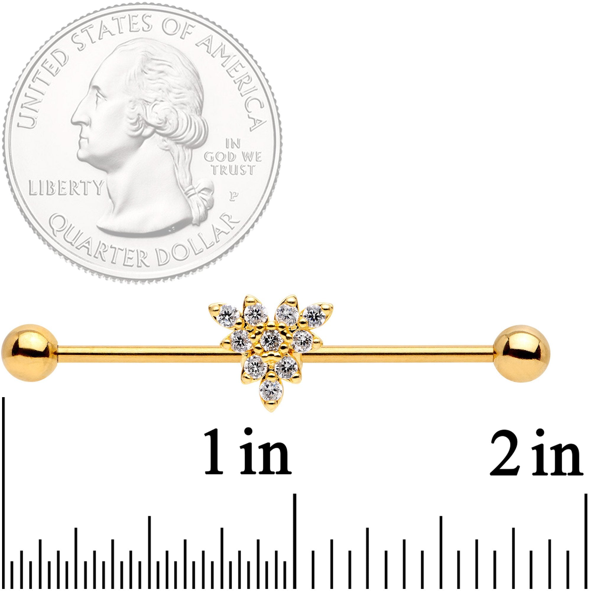 BodyCandy 14G Clear CZ Gold Tone Triangle Industrial Barbell 38mm — detail and construction