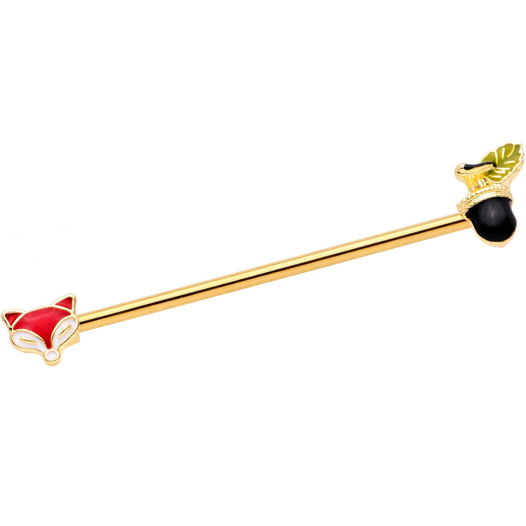 BodyCandy 14G Gold Tone Fox and Acorn Industrial Barbell 38mm — main product shot