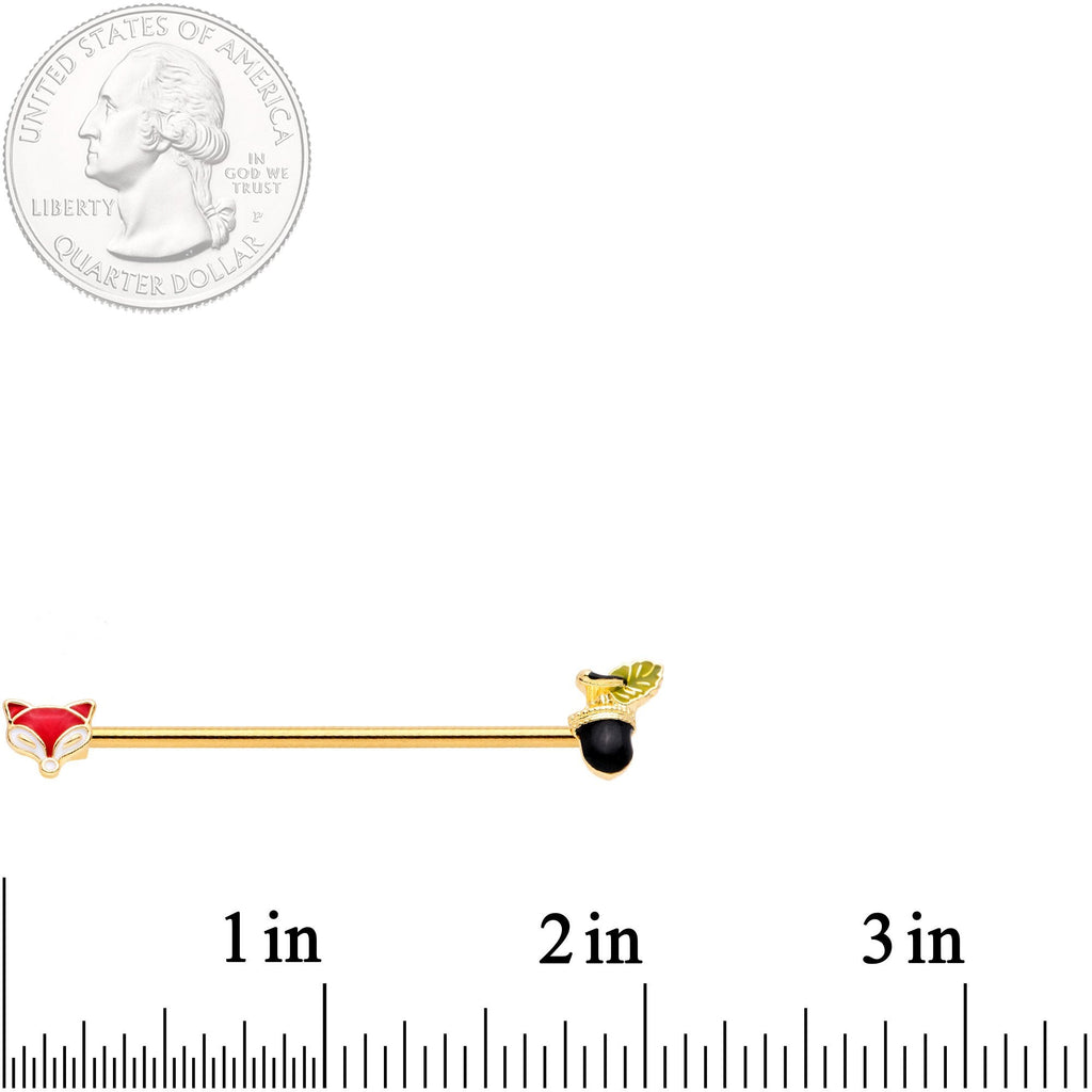 BodyCandy 14G Gold Tone Fox and Acorn Industrial Barbell 38mm — detail and construction