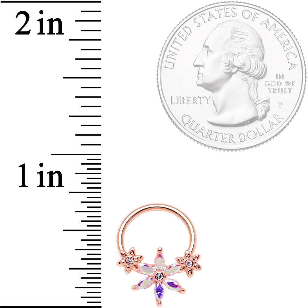 BodyCandy 16G 3/8" Aurora CZ Gem Rose Gold Tone Flower BCR Captive Ring — detail close-up