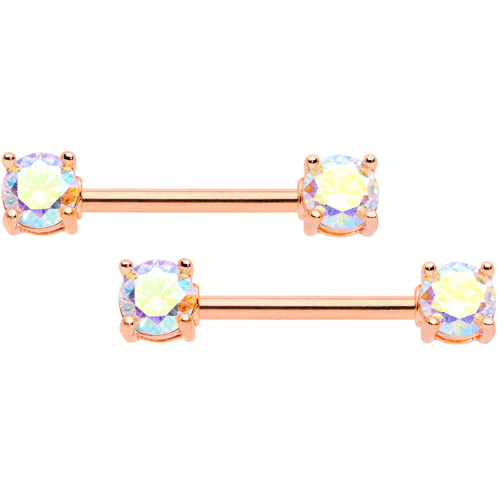 BodyCandy 14G 9/16 Aurora CZ Gem Rose Gold Tone Barbell Nipple Ring Set — main product shot