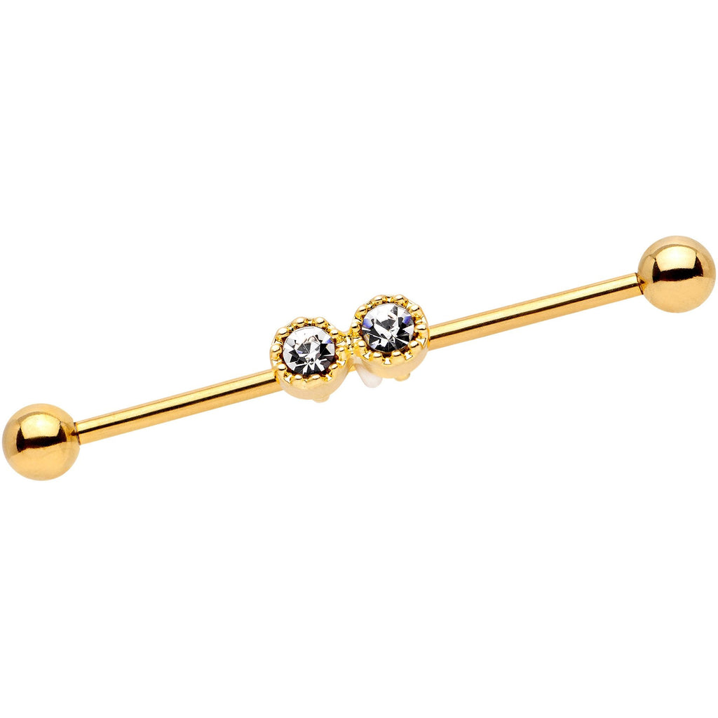BodyCandy 14G Clear Gem Gold Tone Double Drama Industrial Barbell 38mm — main product shot