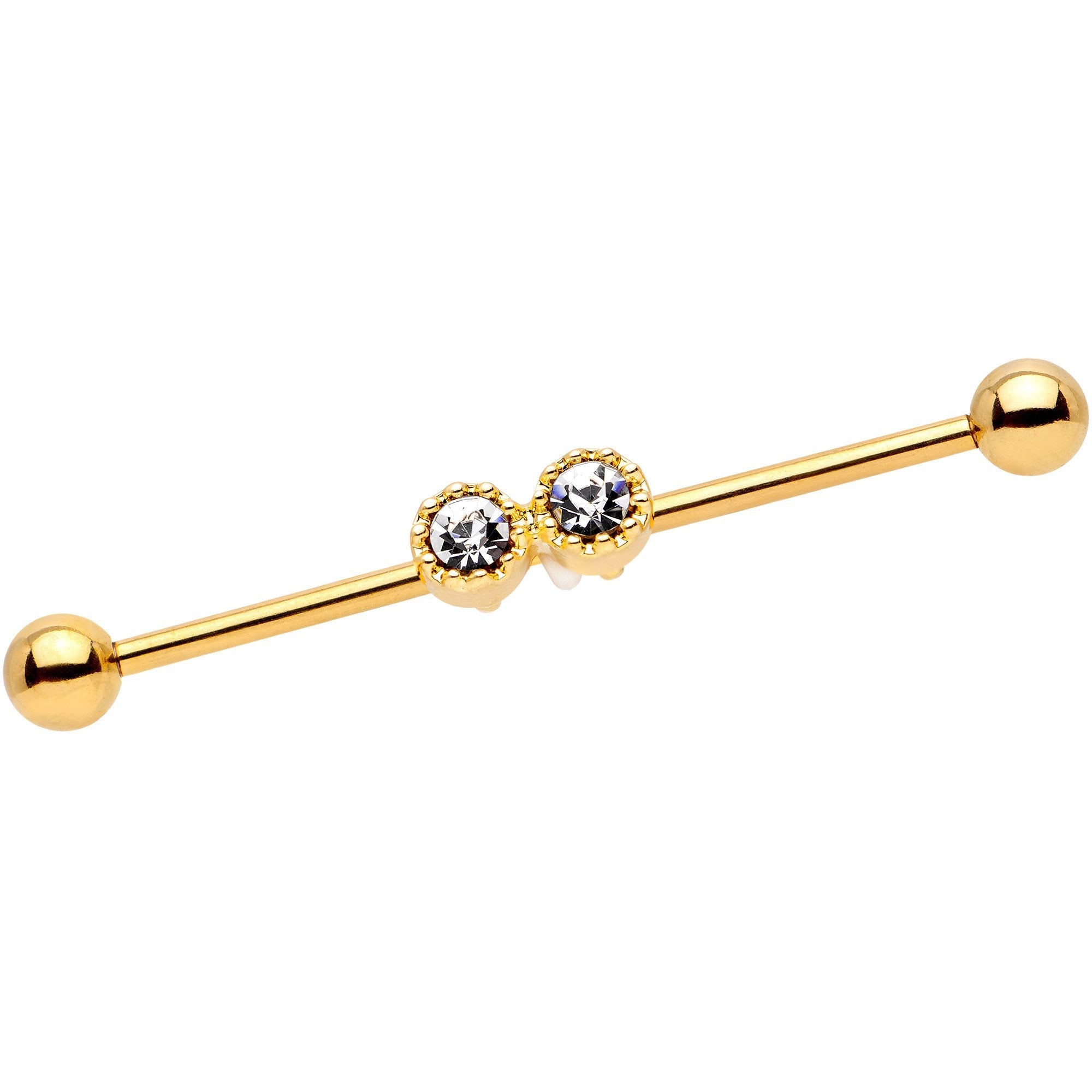 BodyCandy 14G Clear Gem Gold Tone Double Drama Industrial Barbell 38mm — main product shot