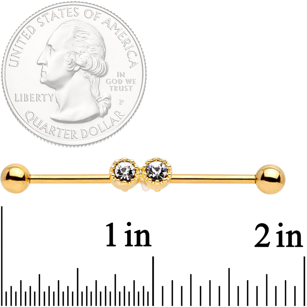 BodyCandy 14G Clear Gem Gold Tone Double Drama Industrial Barbell 38mm — detail and construction