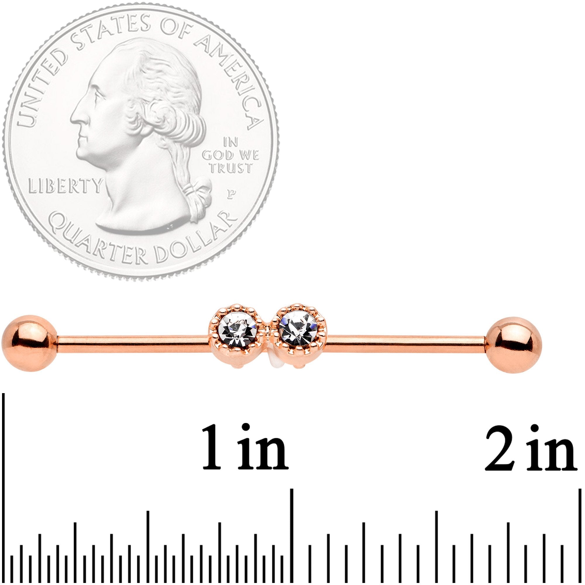 BodyCandy 14G Clear Gem Rose Gold Tone Double Drama Industrial Barbell 38mm — detail and construction