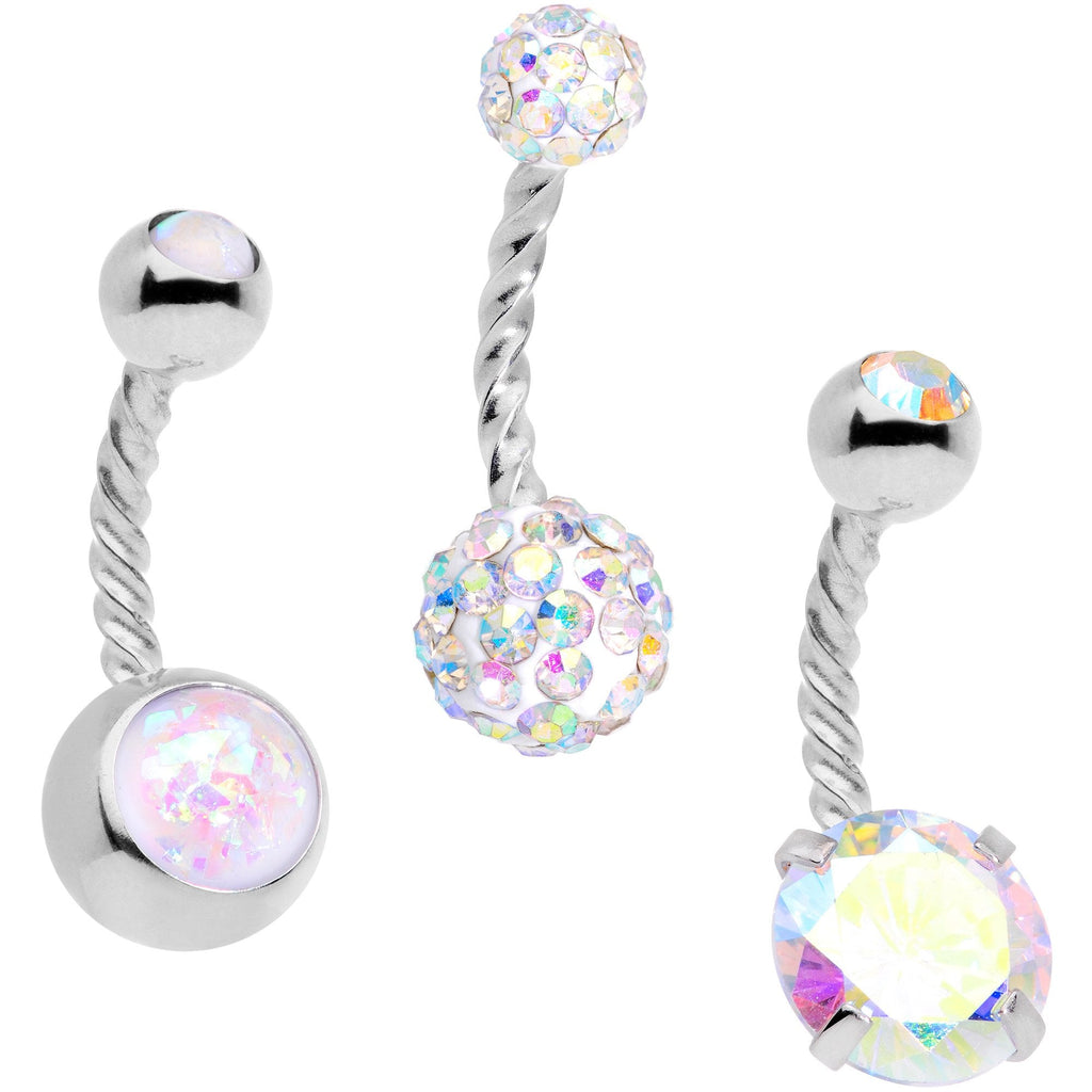BodyCandy Aurora Gem White Faux Opal Disco Ball Twisted Belly Ring Set of 3 — main product shot