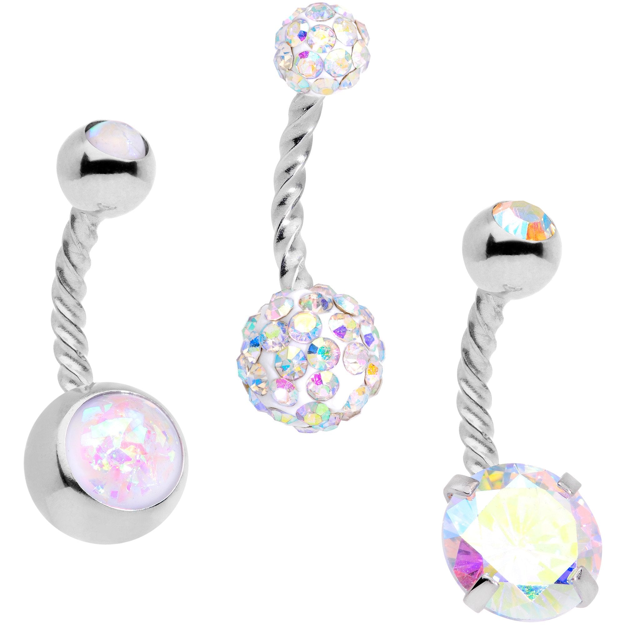 BodyCandy Aurora Gem White Faux Opal Disco Ball Twisted Belly Ring Set of 3 — main product shot