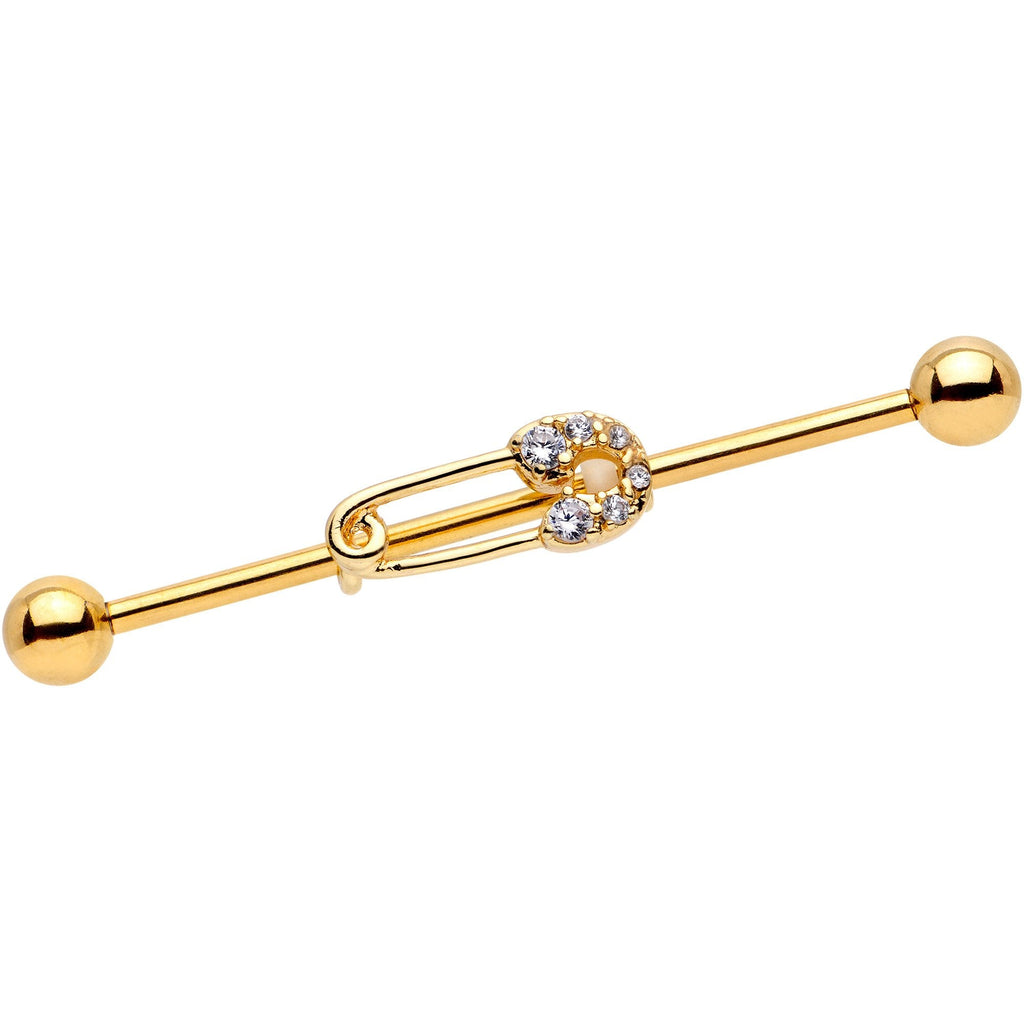 BodyCandy 14G Clear CZ Gem Gold Tone Safety Pin Industrial Barbell 38mm — main product shot