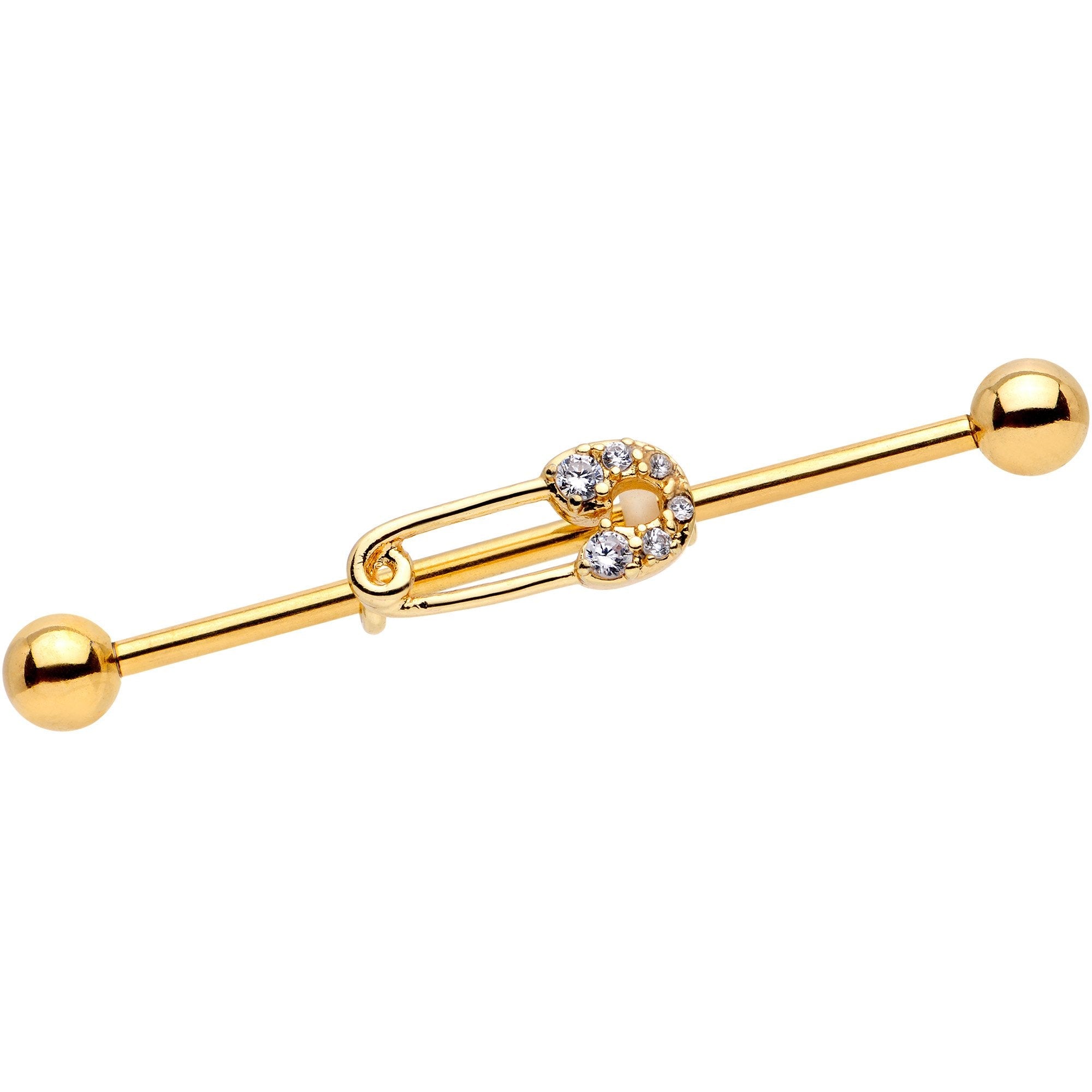 BodyCandy 14G Clear CZ Gem Gold Tone Safety Pin Industrial Barbell 38mm — main product shot