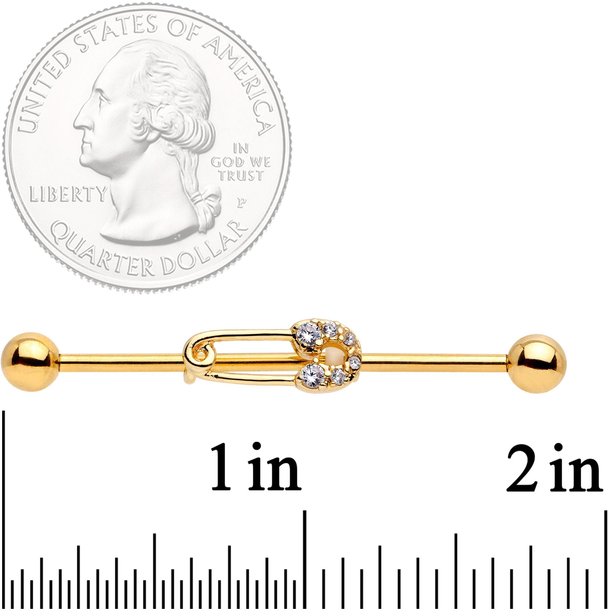 BodyCandy 14G Clear CZ Gem Gold Tone Safety Pin Industrial Barbell 38mm — detail close-up