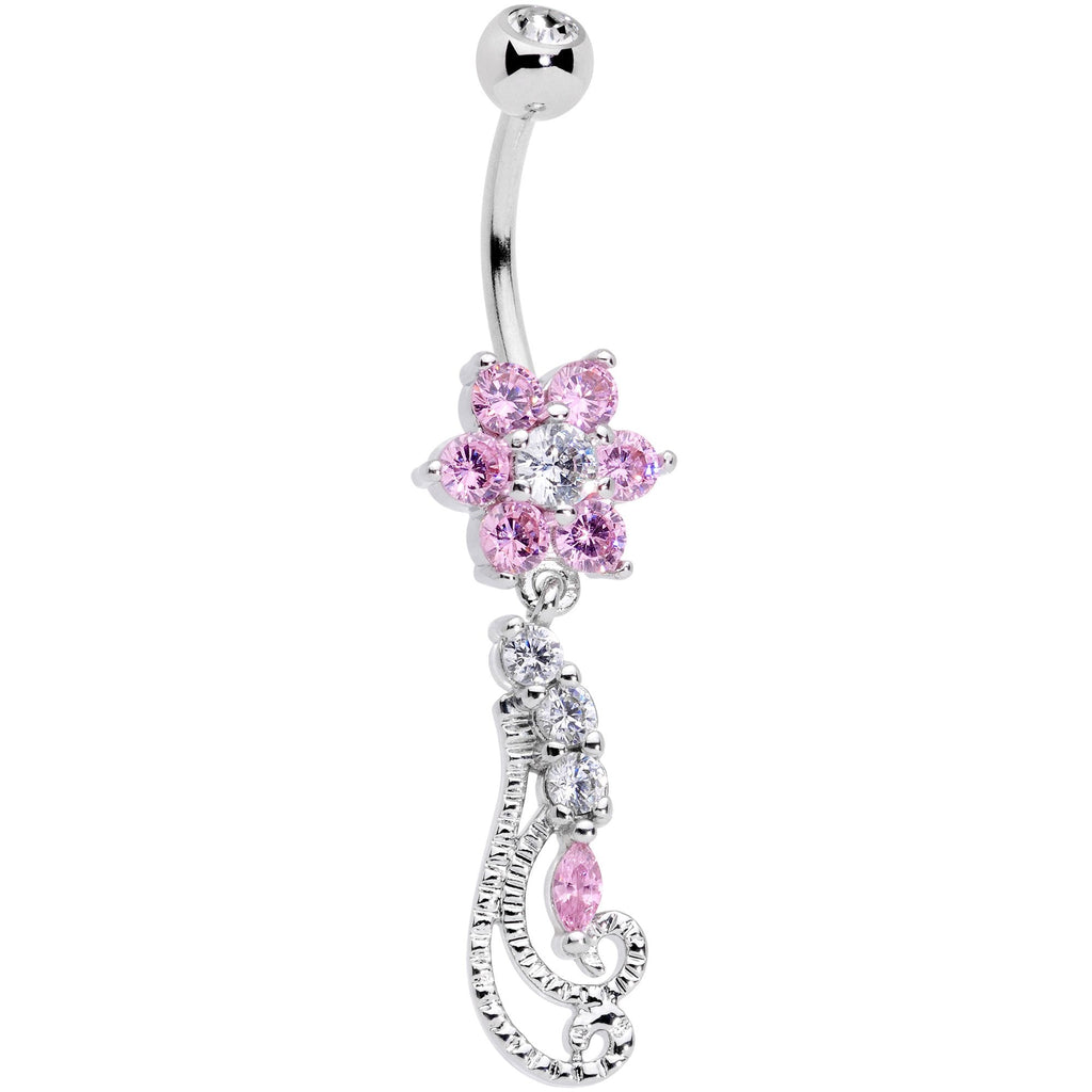 BodyCandy Clear Pink CZ Gem Floral Flourish Dangle Belly Ring — main product shot