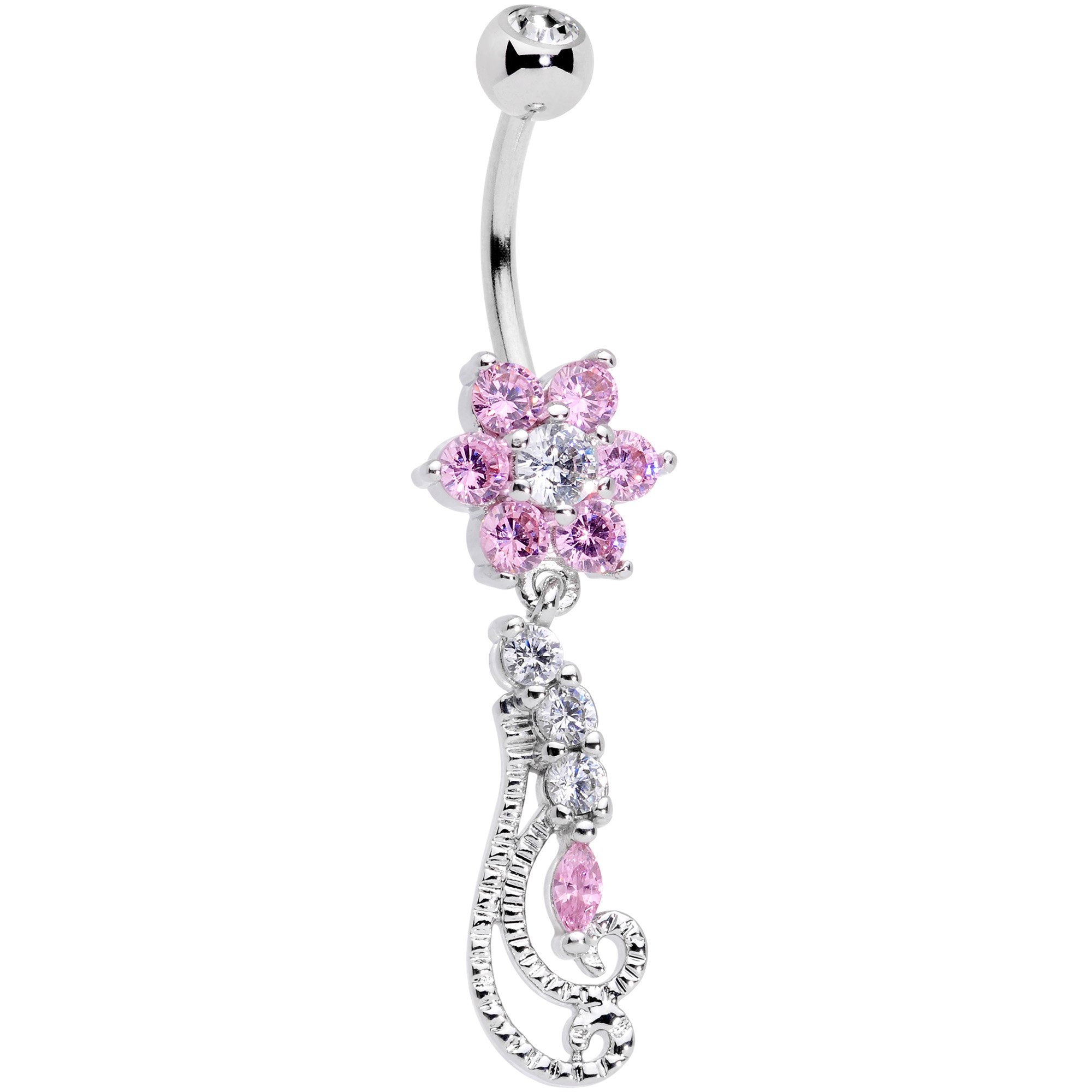 BodyCandy Clear Pink CZ Gem Floral Flourish Dangle Belly Ring — main product shot