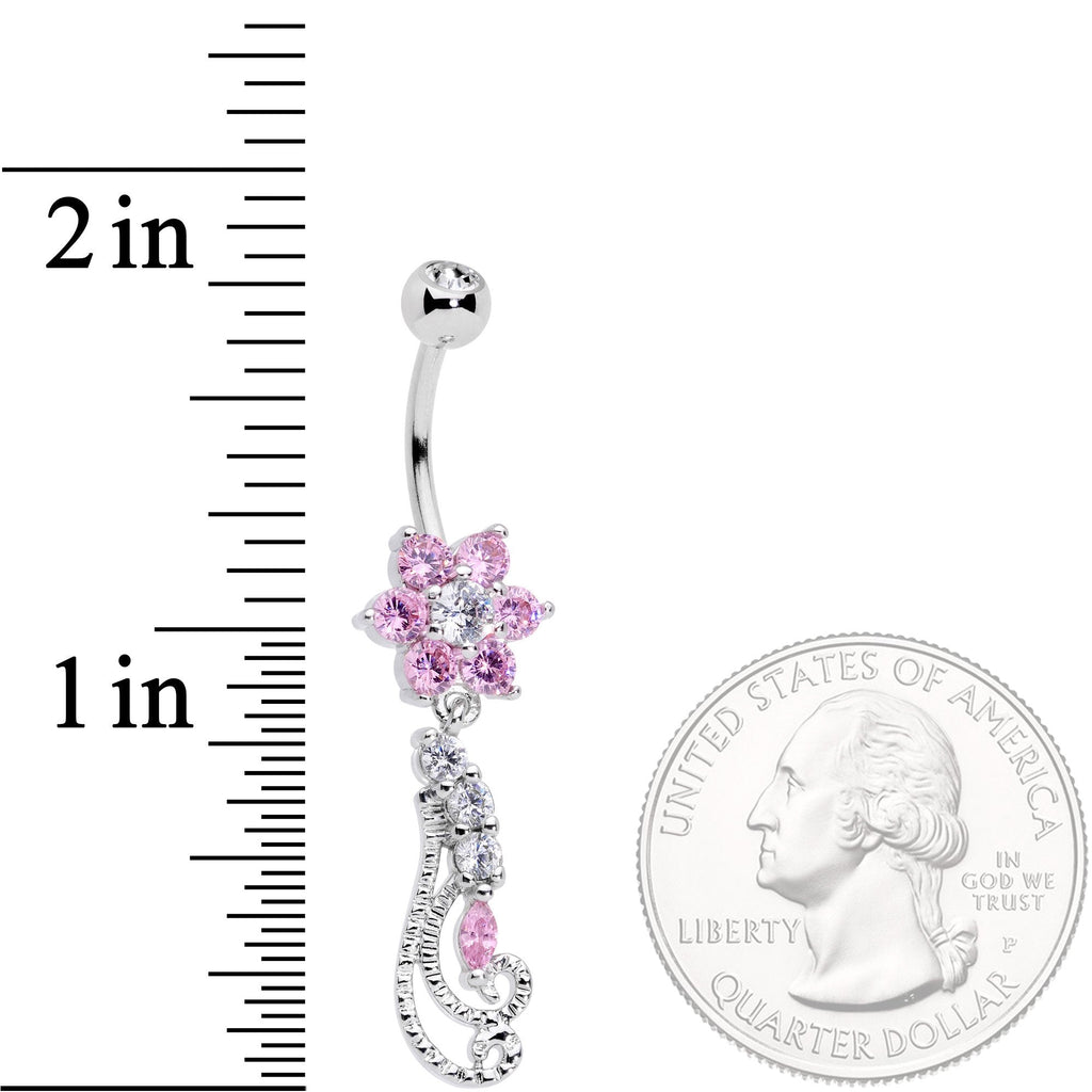 BodyCandy Clear Pink CZ Gem Floral Flourish Dangle Belly Ring — detail and construction
