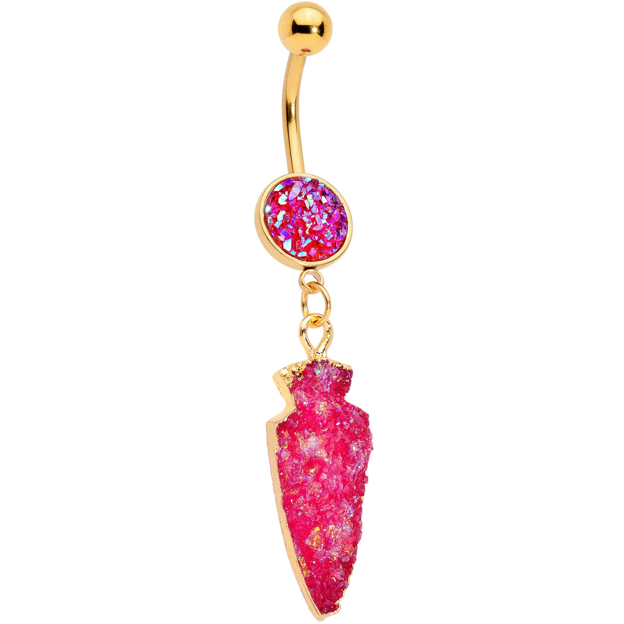 BodyCandy Pink Faux Druzy Gold Tone Arrowhead Dangle Belly Ring — main product shot