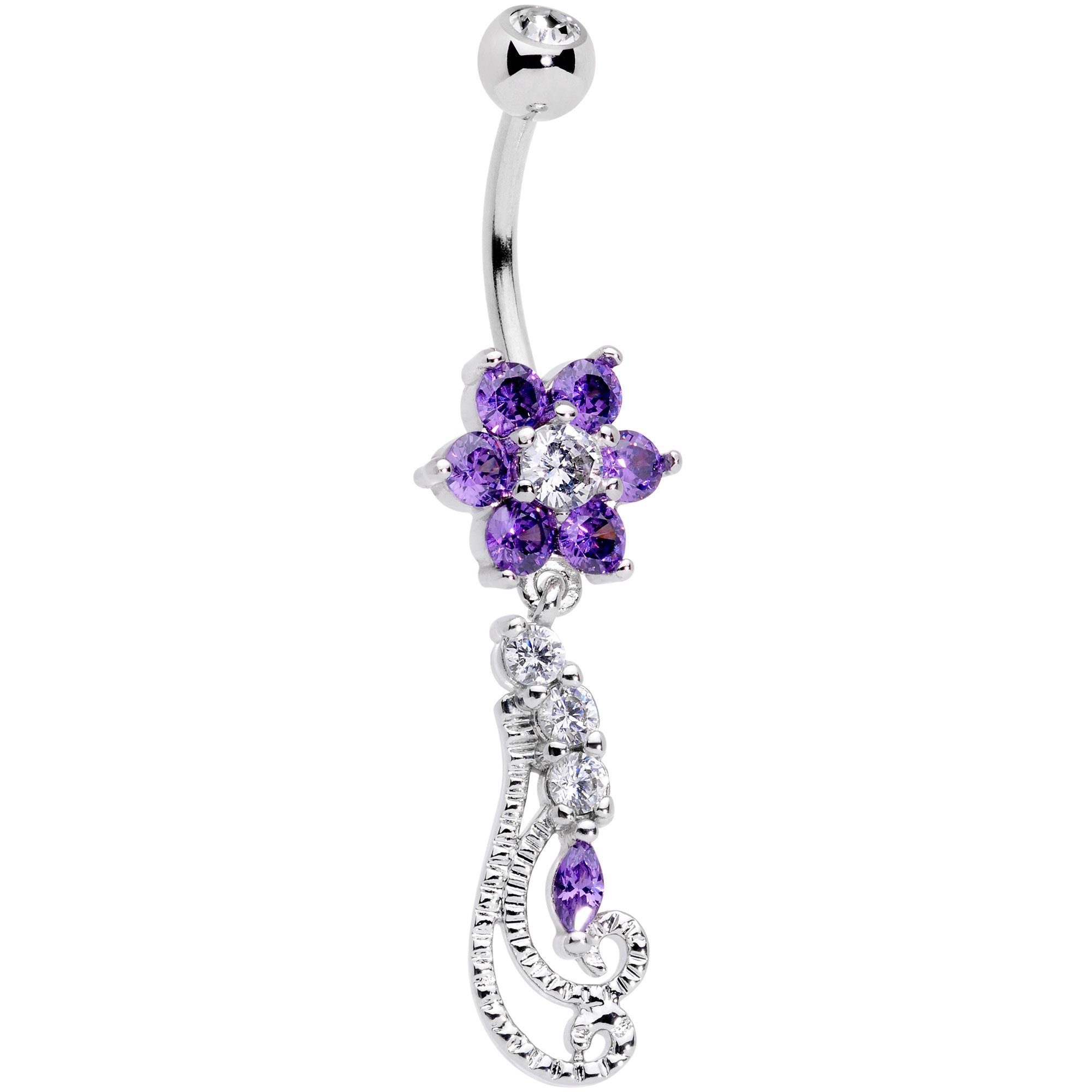 BodyCandy Clear Purple CZ Gem Floral Flourish Dangle Belly Ring — main product shot