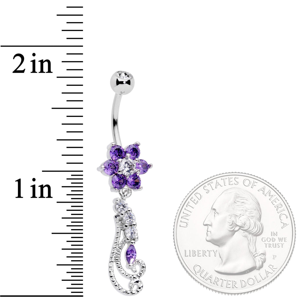 BodyCandy Clear Purple CZ Gem Floral Flourish Dangle Belly Ring — detail and construction