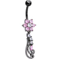 BodyCandy Clear Pink CZ Black Anodized Floral Flourish Dangle Belly Ring — main product shot