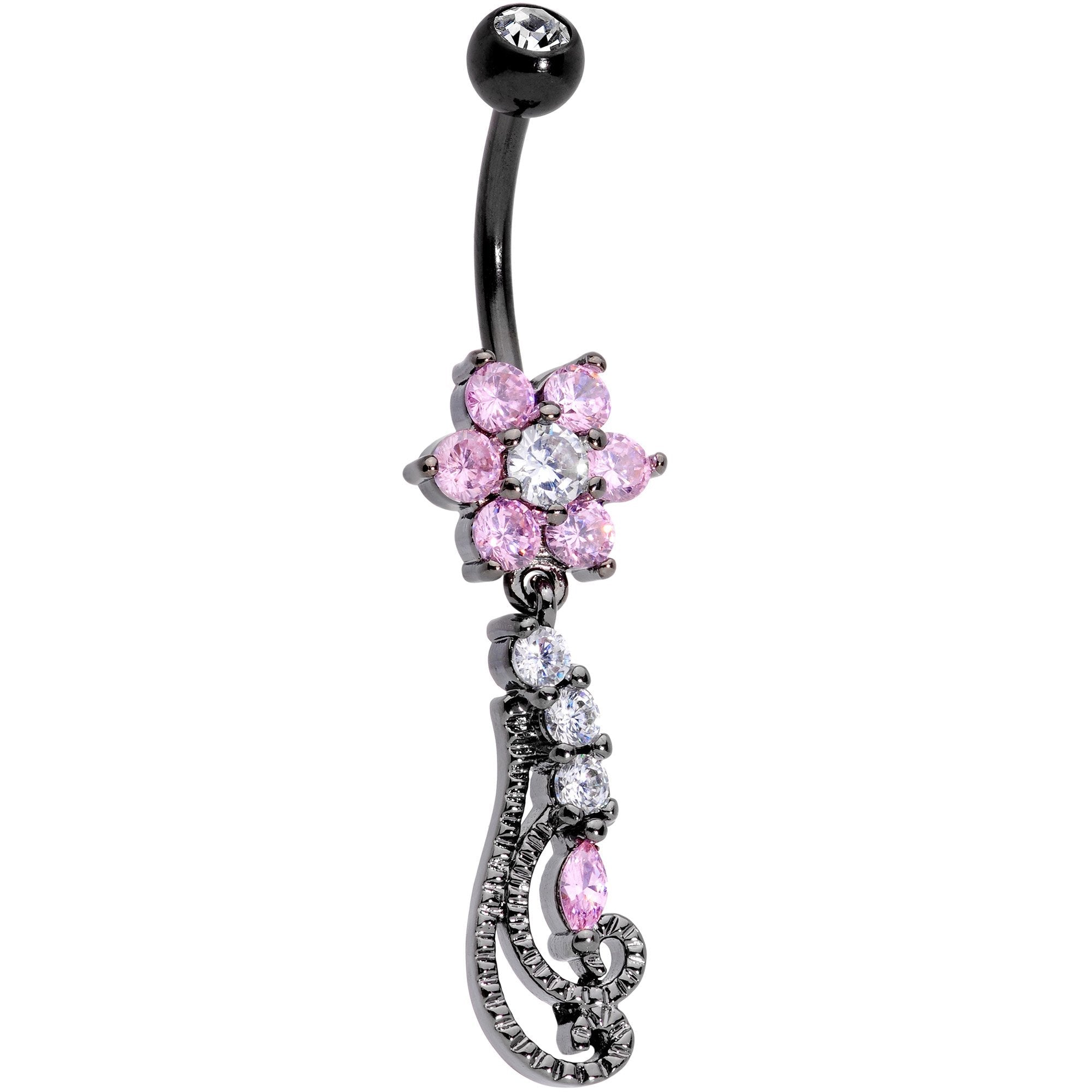BodyCandy Clear Pink CZ Black Anodized Floral Flourish Dangle Belly Ring — main product shot
