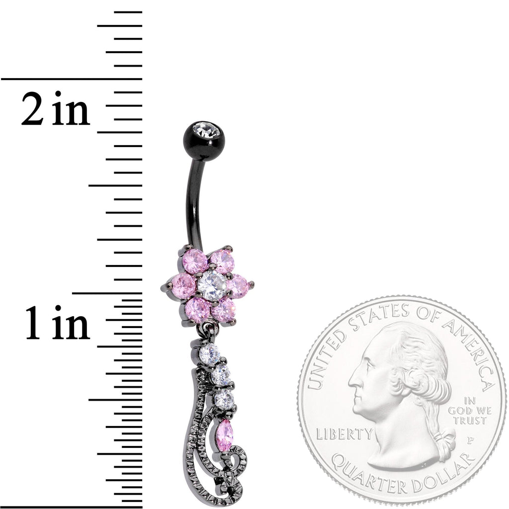 BodyCandy Clear Pink CZ Black Anodized Floral Flourish Dangle Belly Ring — detail and construction