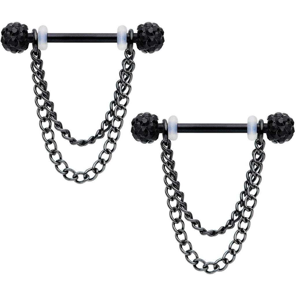 BodyCandy 14G Black Gem End Black Chain Dangle Nipple Ring Set — main product shot