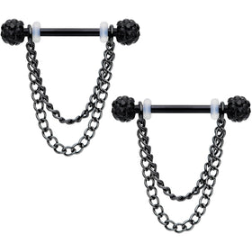 14G Black Gem End Black Chain Dangle Nipple Ring Set
