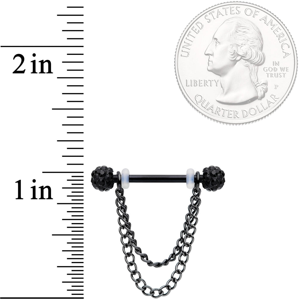 BodyCandy 14G Black Gem End Black Chain Dangle Nipple Ring Set — detail close-up