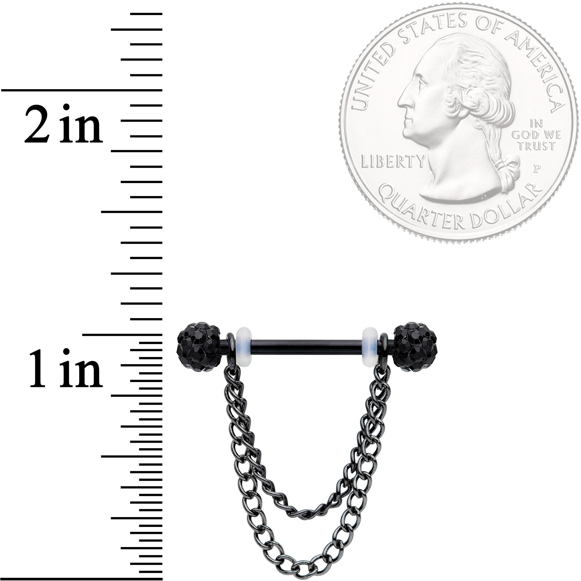 BodyCandy 14G Black Gem End Black Chain Dangle Nipple Ring Set — detail close-up