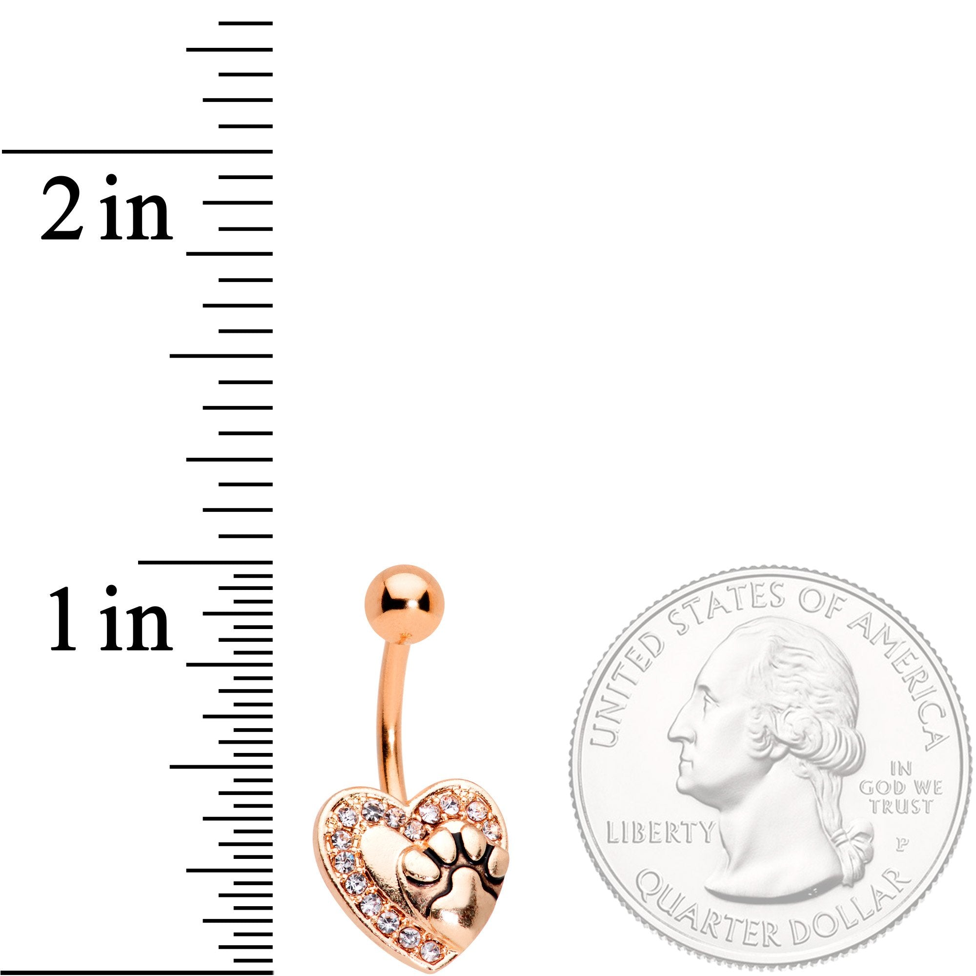BodyCandy Clear Gem Rose Gold Tone Dog Paw Print Heart Puppy Love Belly Ring — detail and construction