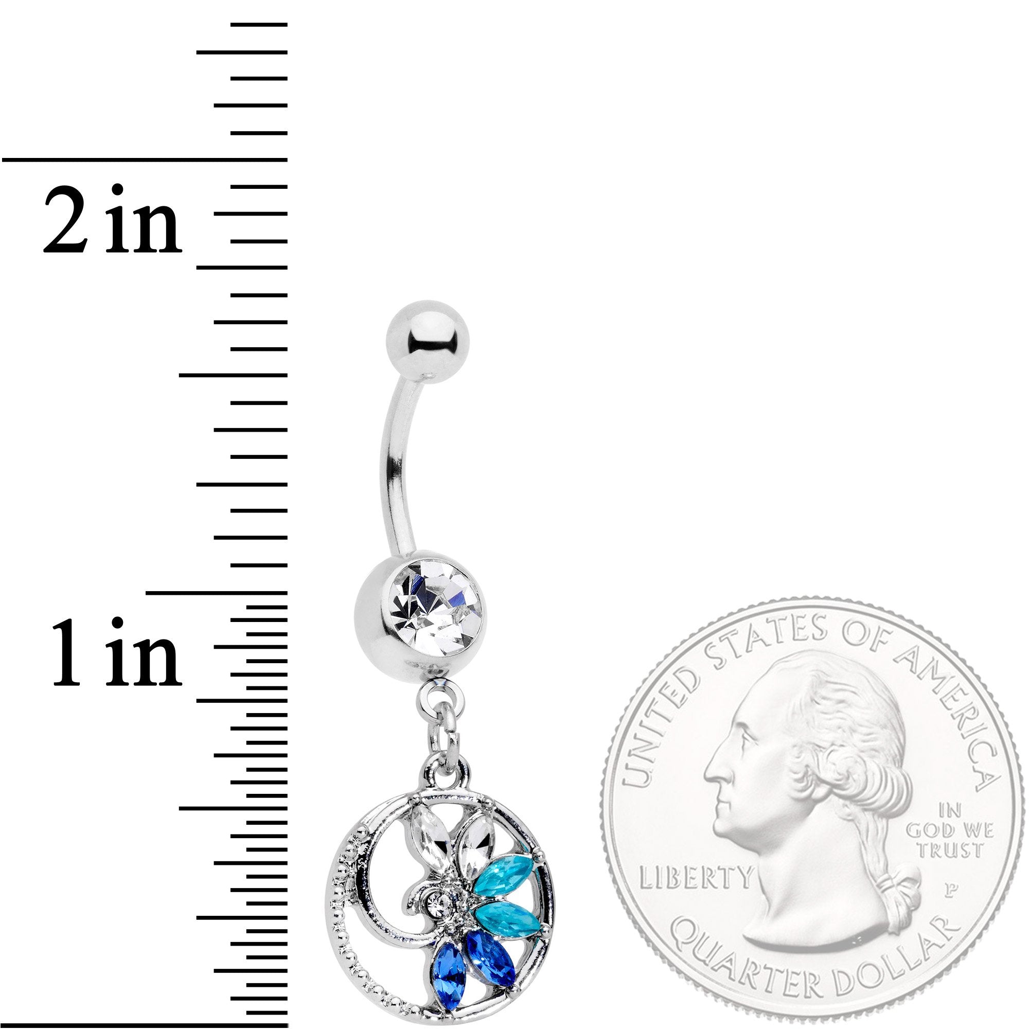 BodyCandy Blue Clear Gem Tropical Flower Swirl Dangle Belly Ring — detail and construction
