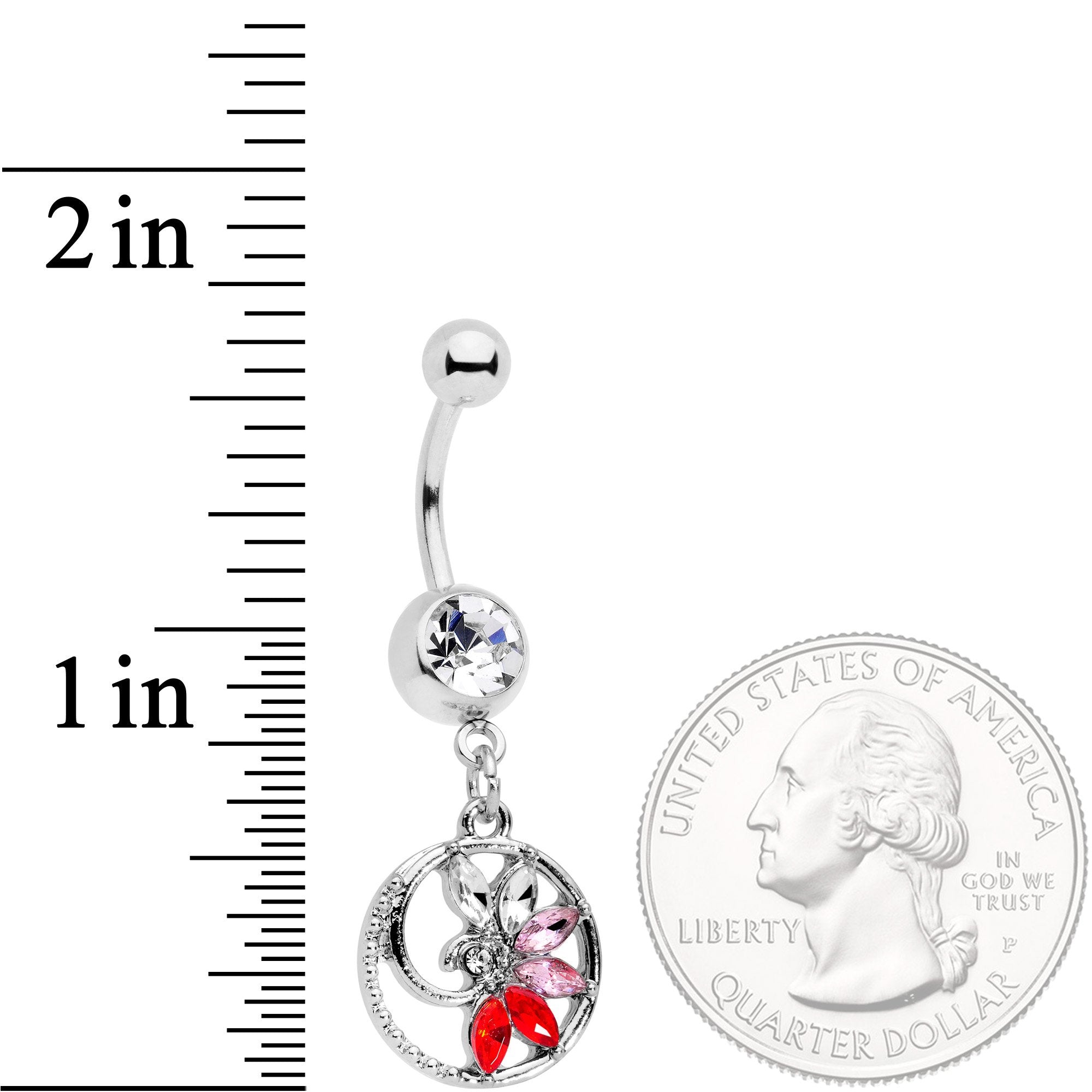BodyCandy Red Clear Gem Tropical Flower Swirl Dangle Belly Ring — detail and construction