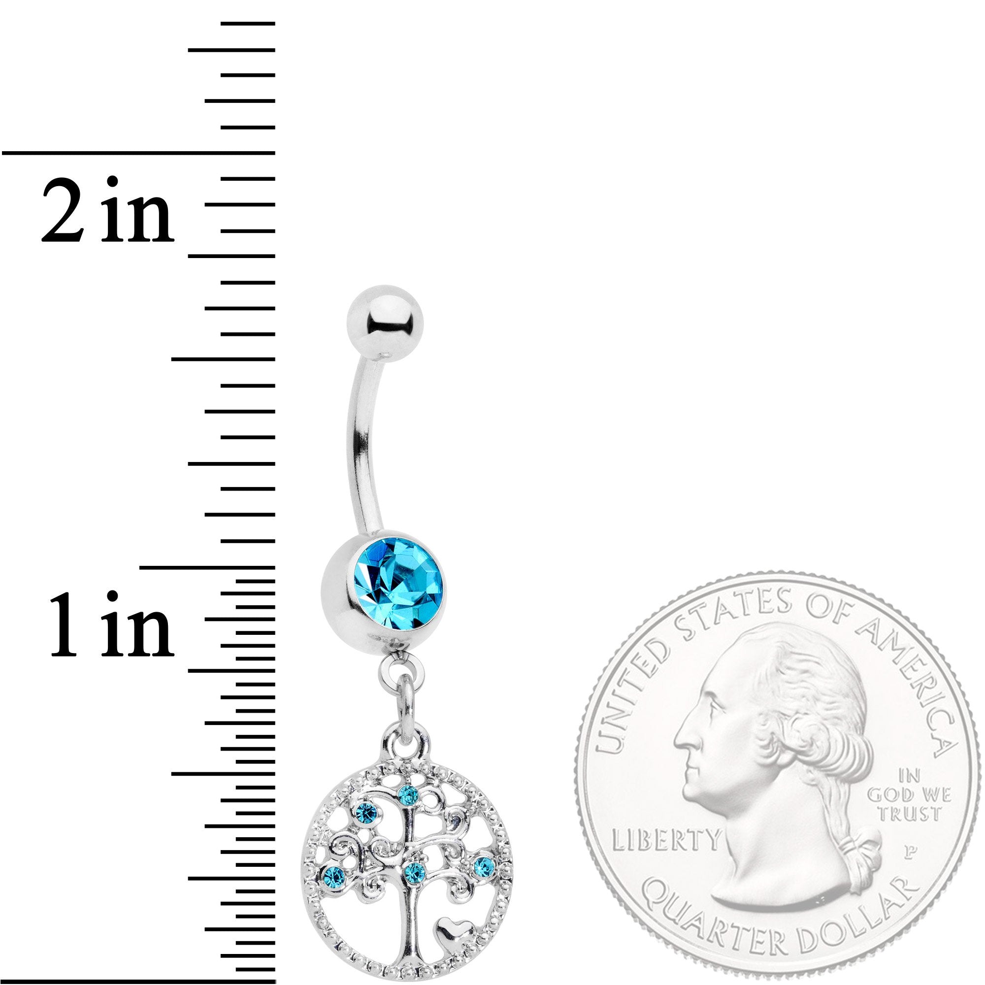 BodyCandy Aqua Gem Love Tree of Life Dangle Belly Ring — detail and construction