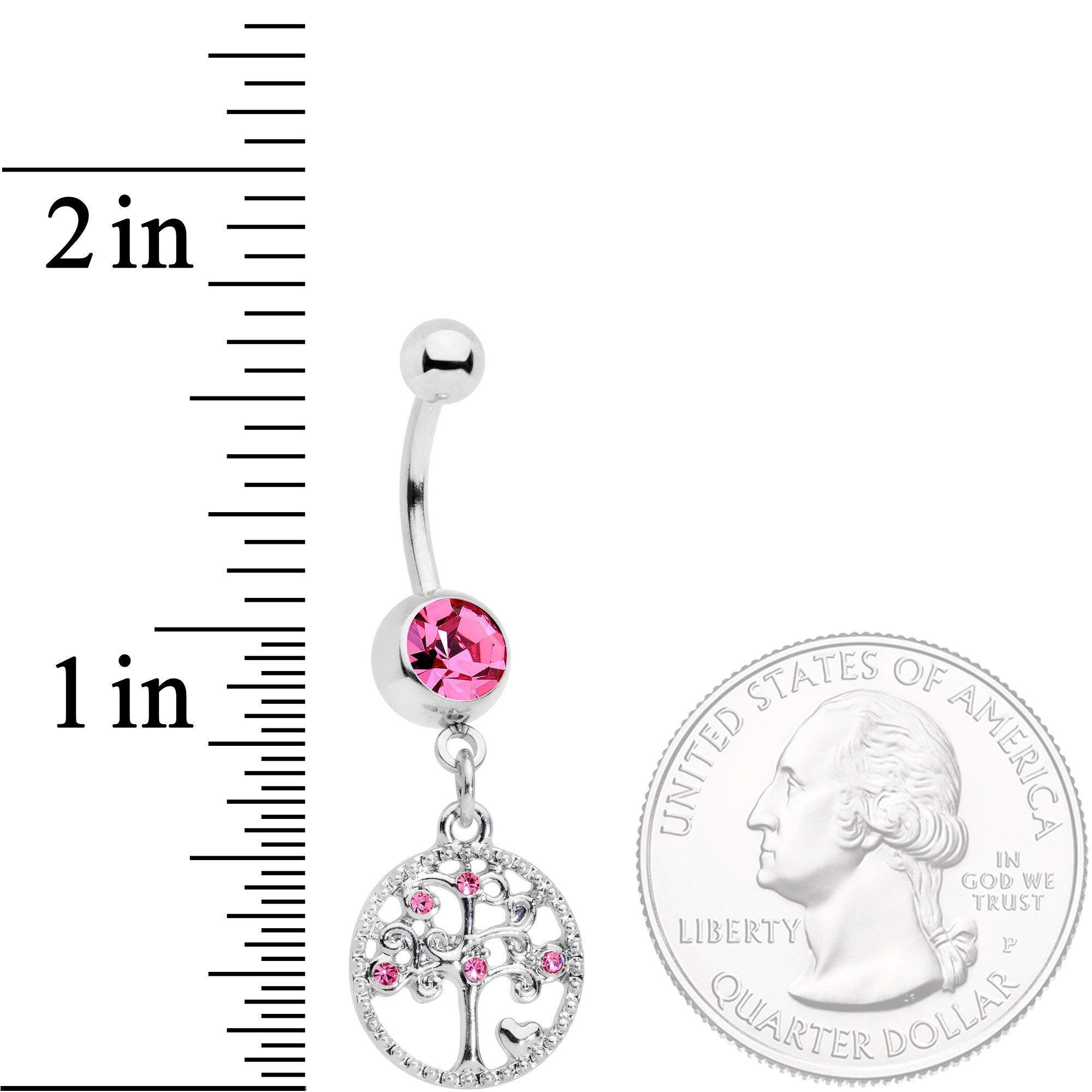 BodyCandy Pink Gem Love Tree of Life Dangle Belly Ring — detail and construction