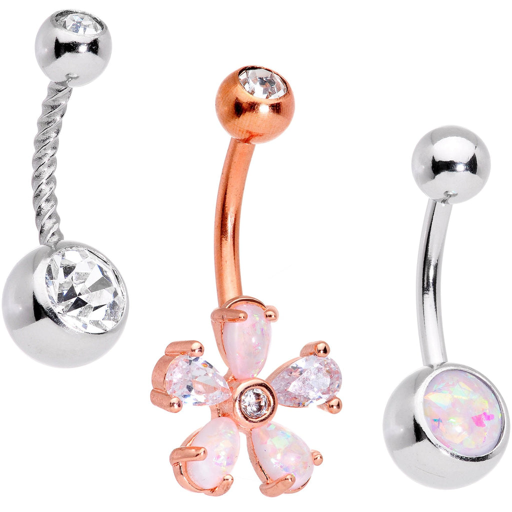 BodyCandy White Faux Opal Fun With Flowers Belly Ring Set of 3 — main product shot