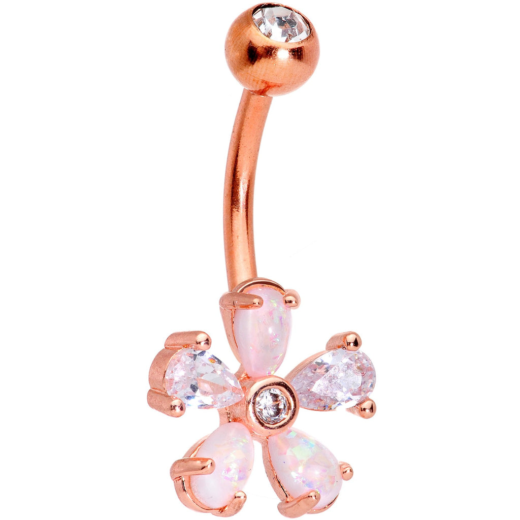 BodyCandy White Faux Opal Fun With Flowers Belly Ring Set of 3 — detail and construction